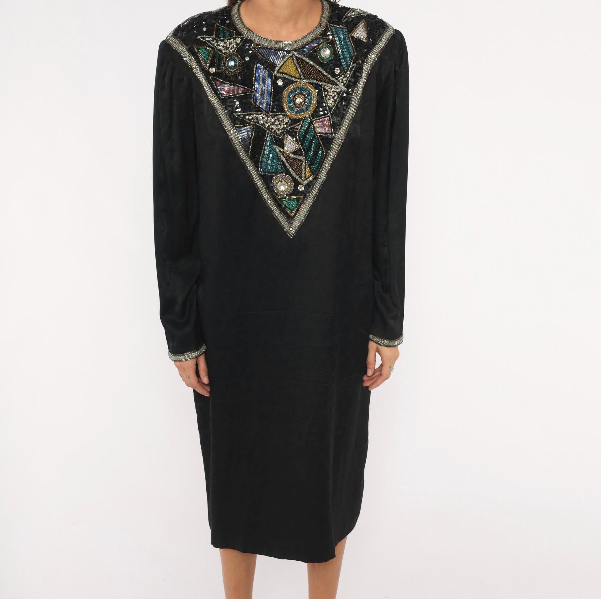 90s D'Ore Black Silk Beaded Shift Dress Geometric Sequin Bib Large L