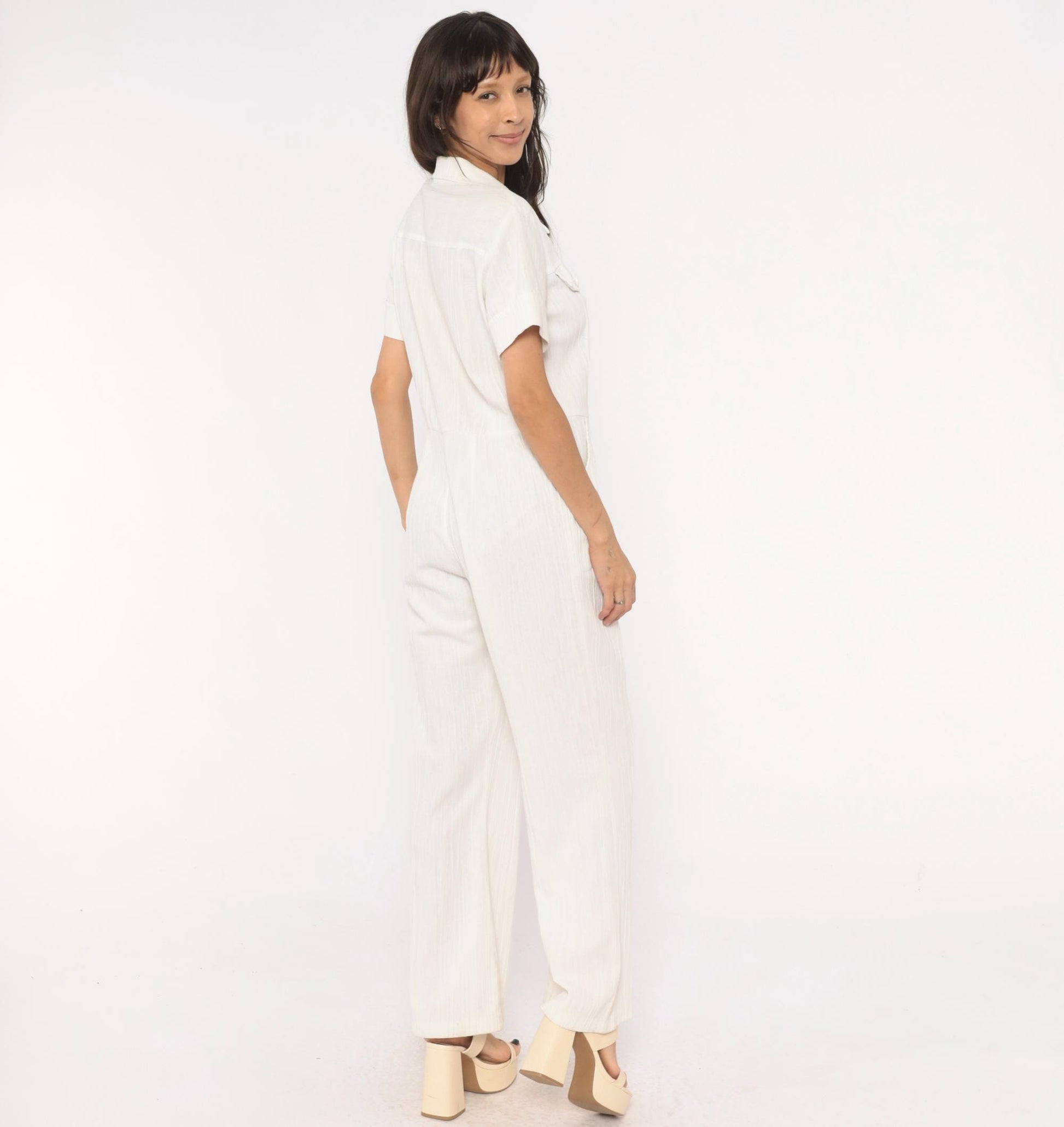 70s White Cotton Linen Jumpsuit Button Front Wide Leg Camp Collar Medium M