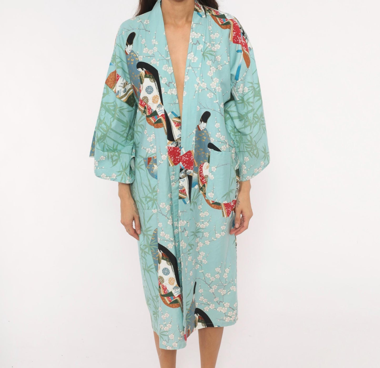 70s Hayashi Kimono Robe Blue Cotton Ukiyo-e Geisha Print Knee-Length Small