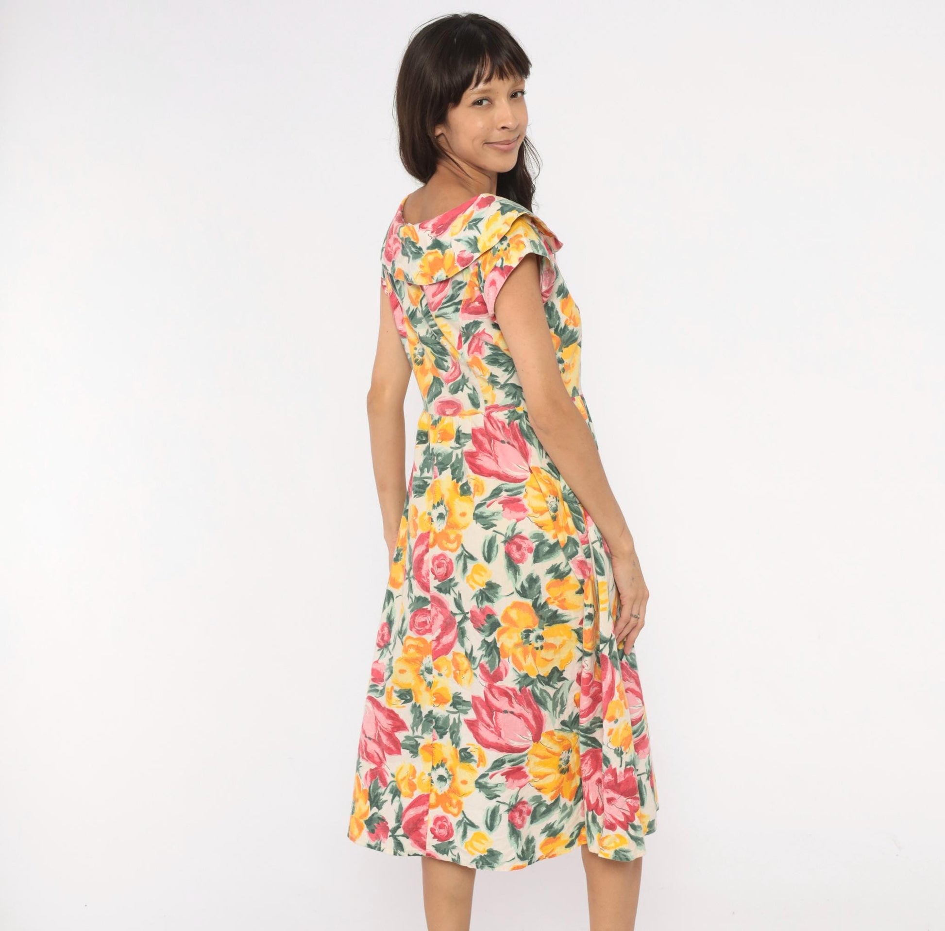 80s Floral Midi Dress Ruffle Collar Rose Print Cream Cotton Medium M