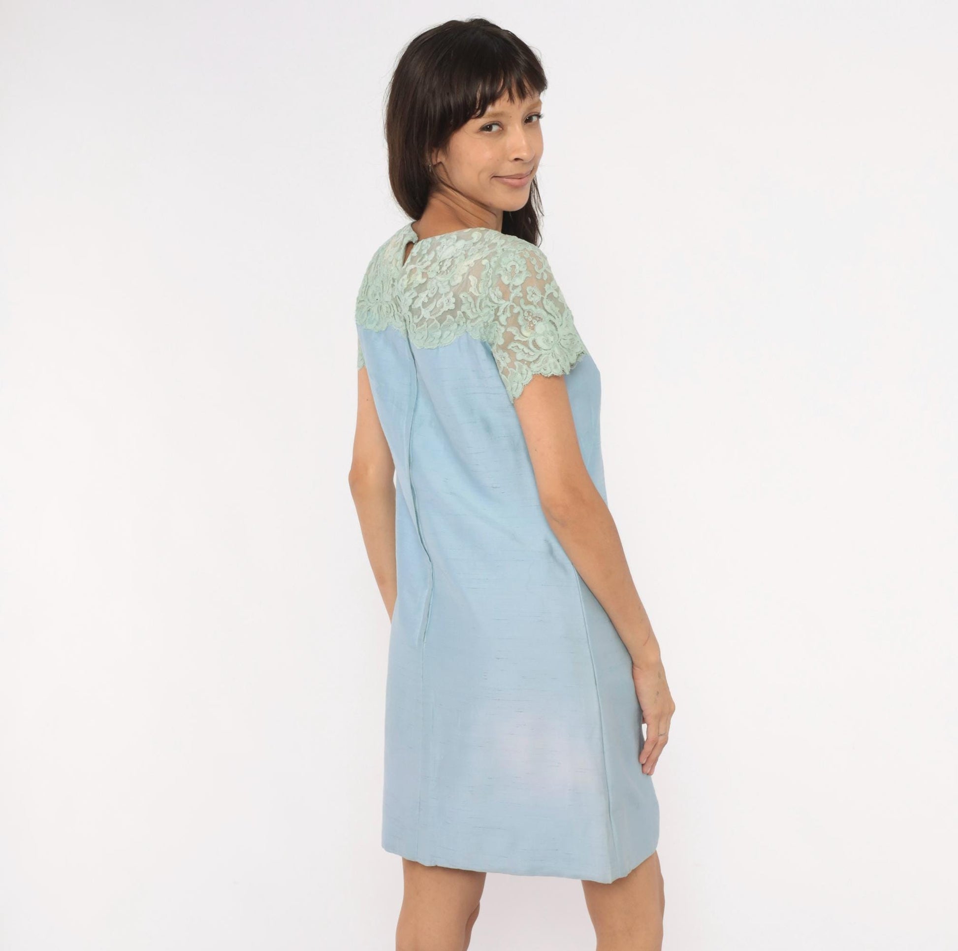 1960s Country Miss Mint Lace A-Line Shift Dress Powder Blue Small