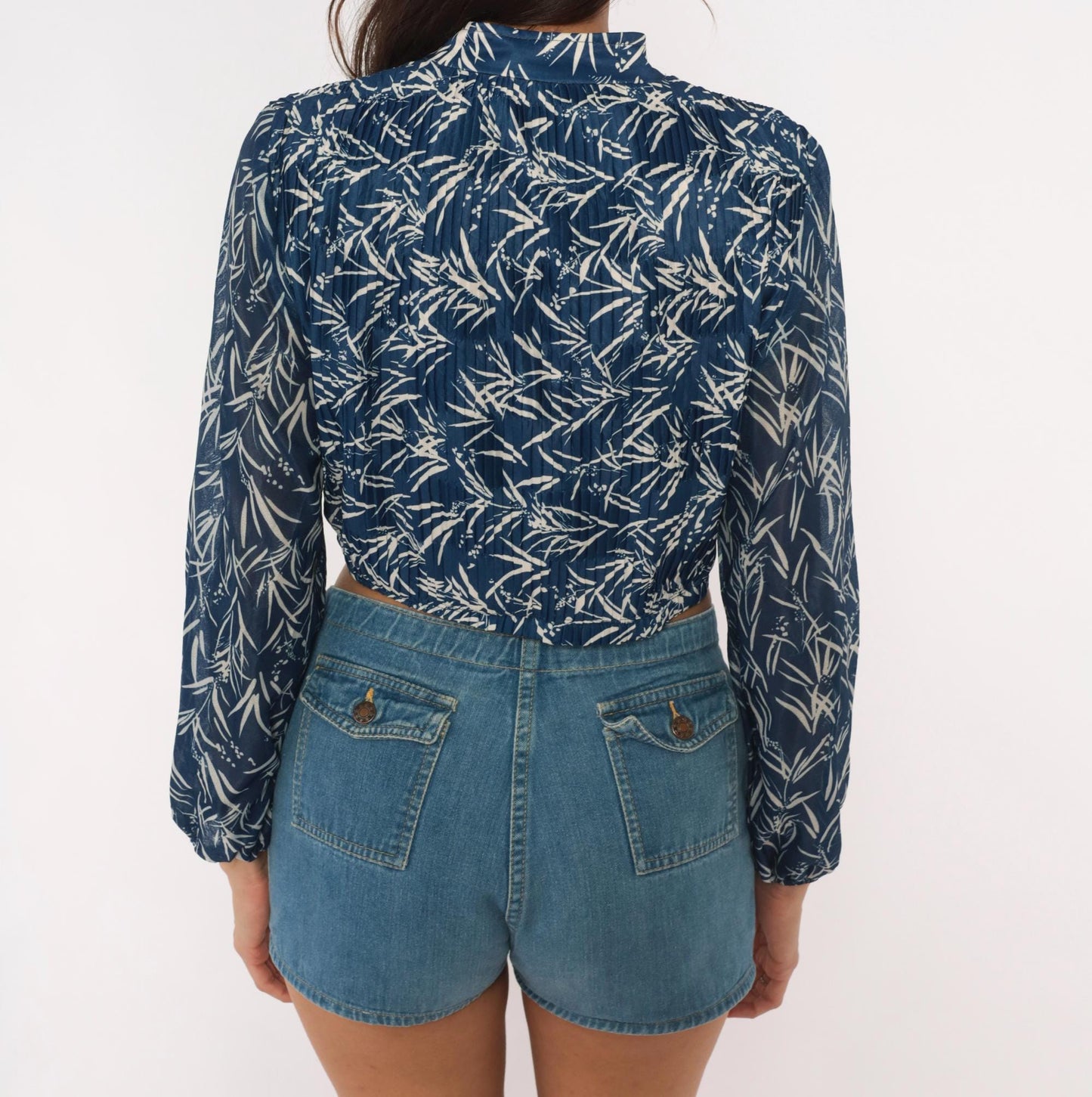 80s Liz Roberts Bamboo Leaf Crop Blouse Navy Mandarin Collar Balloon Sleeve Medium