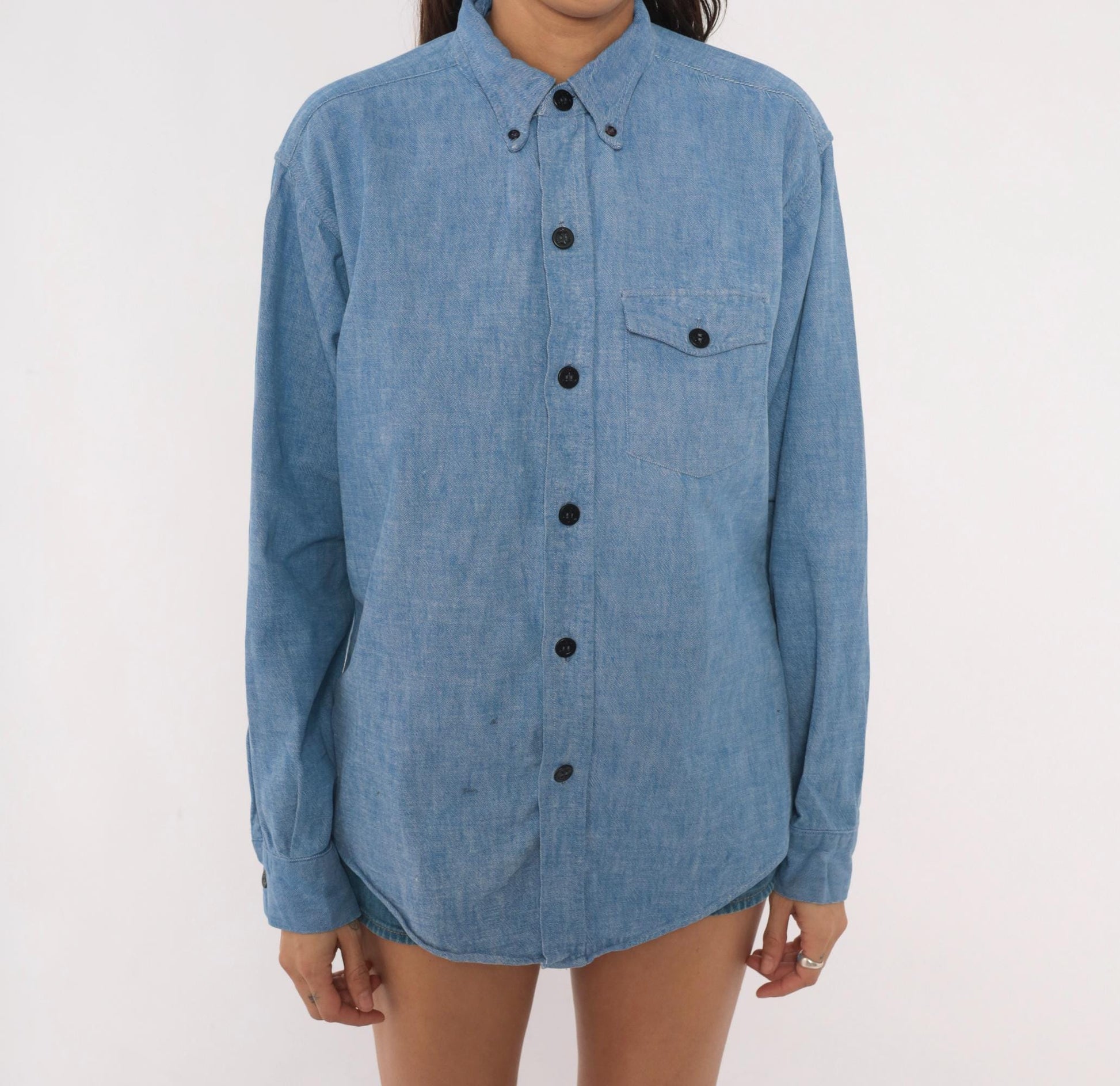 70s Blue Chambray Button Down Shirt Anchor Buttons Cotton Work Wear Medium