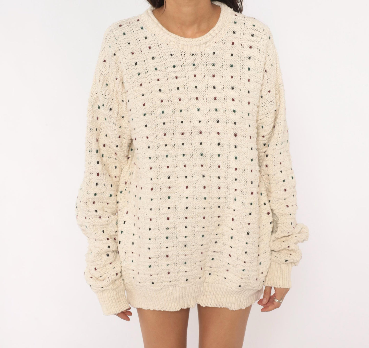 90s CJ Cotton Company Polka Dot Crewneck Sweater Cream Extra Large XL
