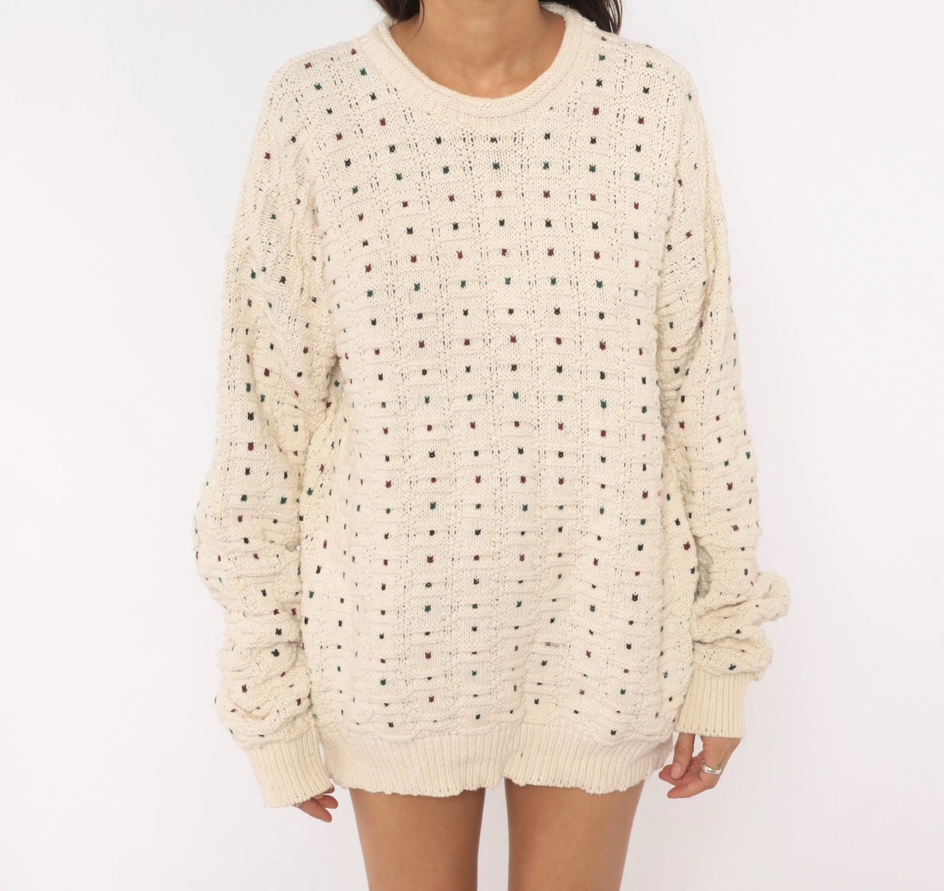 90s CJ Cotton Company Polka Dot Crewneck Sweater Cream Extra Large XL