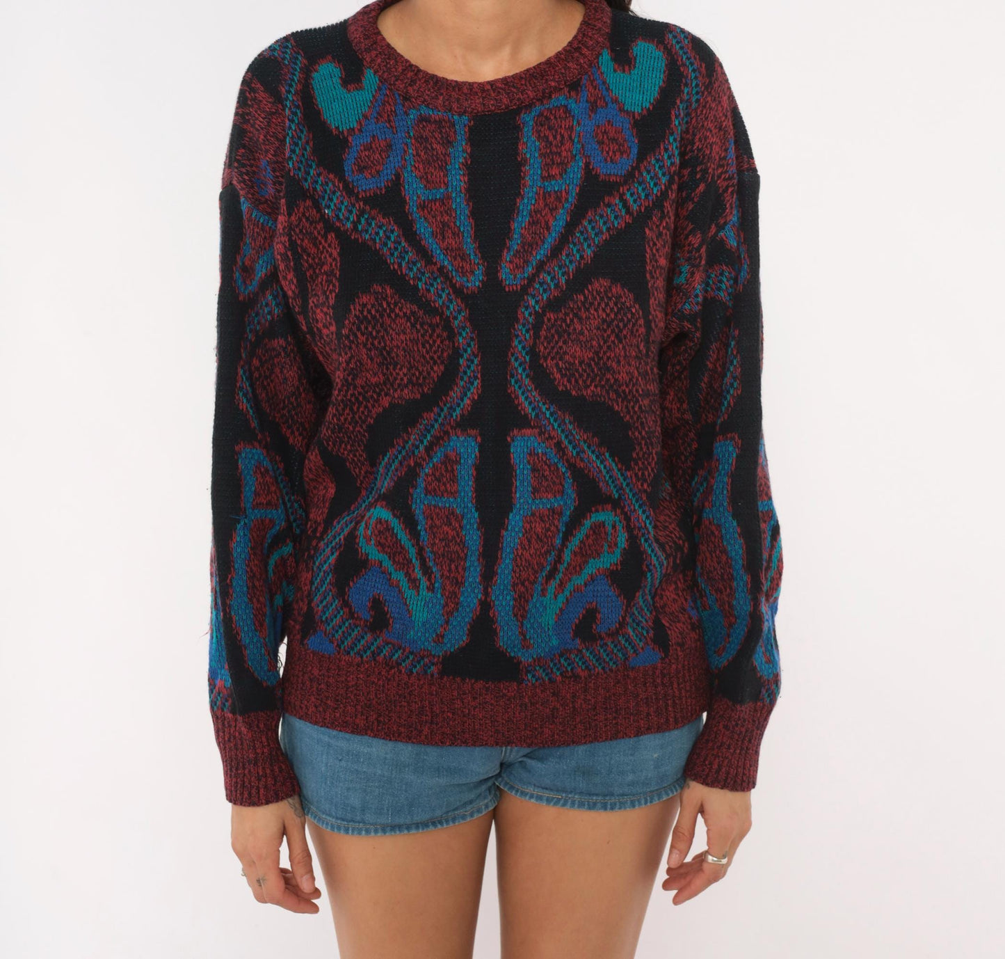 80s City Streets Abstract Knit Sweater Burgundy Teal Intarsia Medium