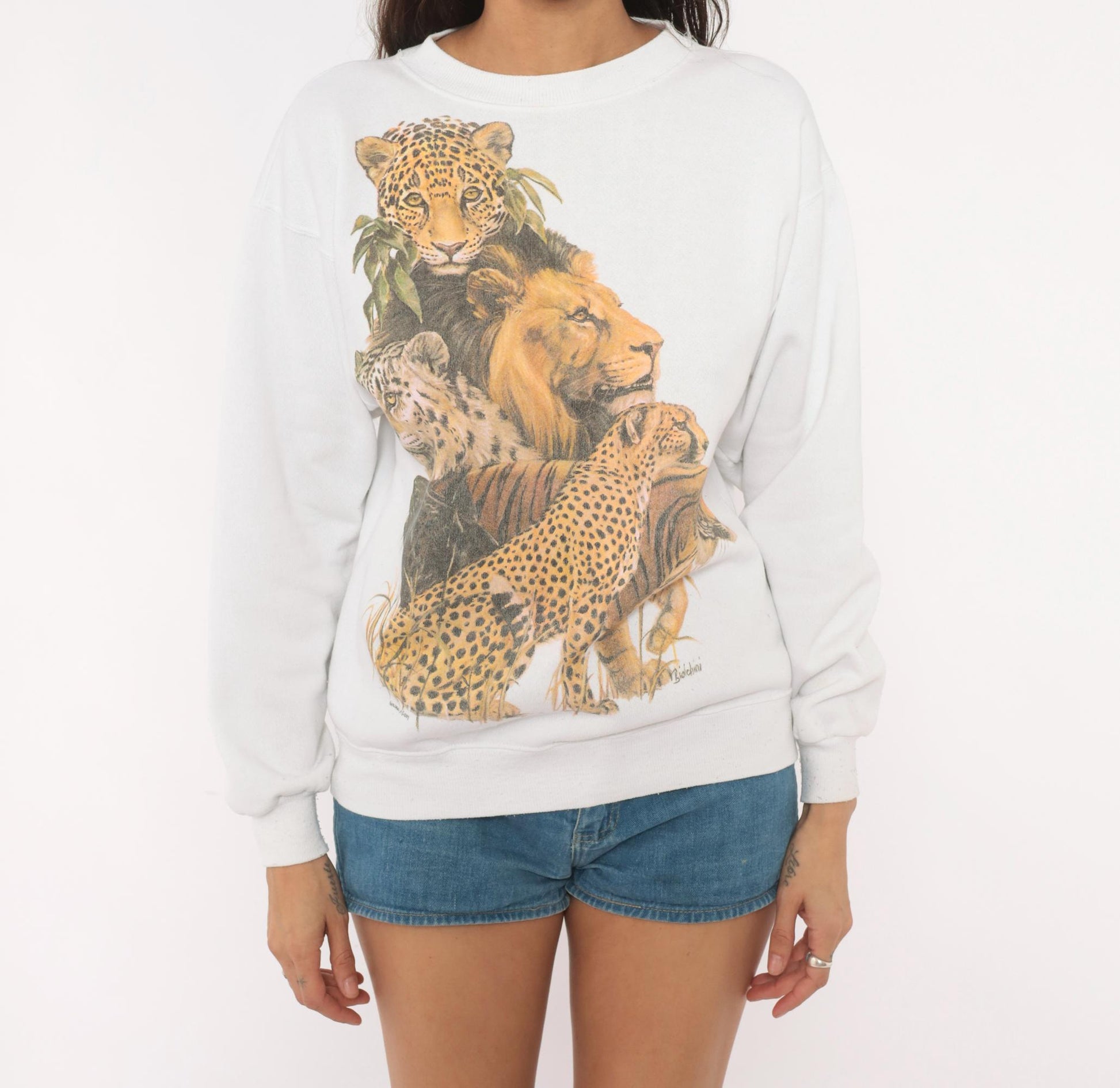 90s Big Cats Wildlife Sweatshirt Lion Leopard Tiger Cheetah White Cotton Medium