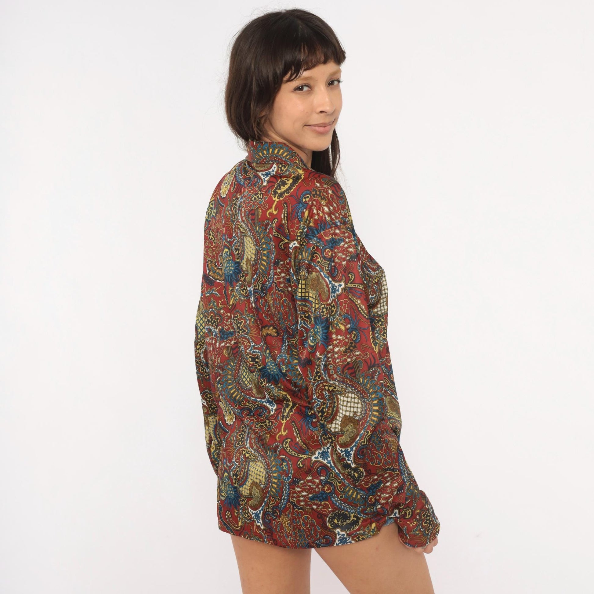 70s Perre La Grande Paisley Button Front Shirt Burgundy Blue Gold Medium