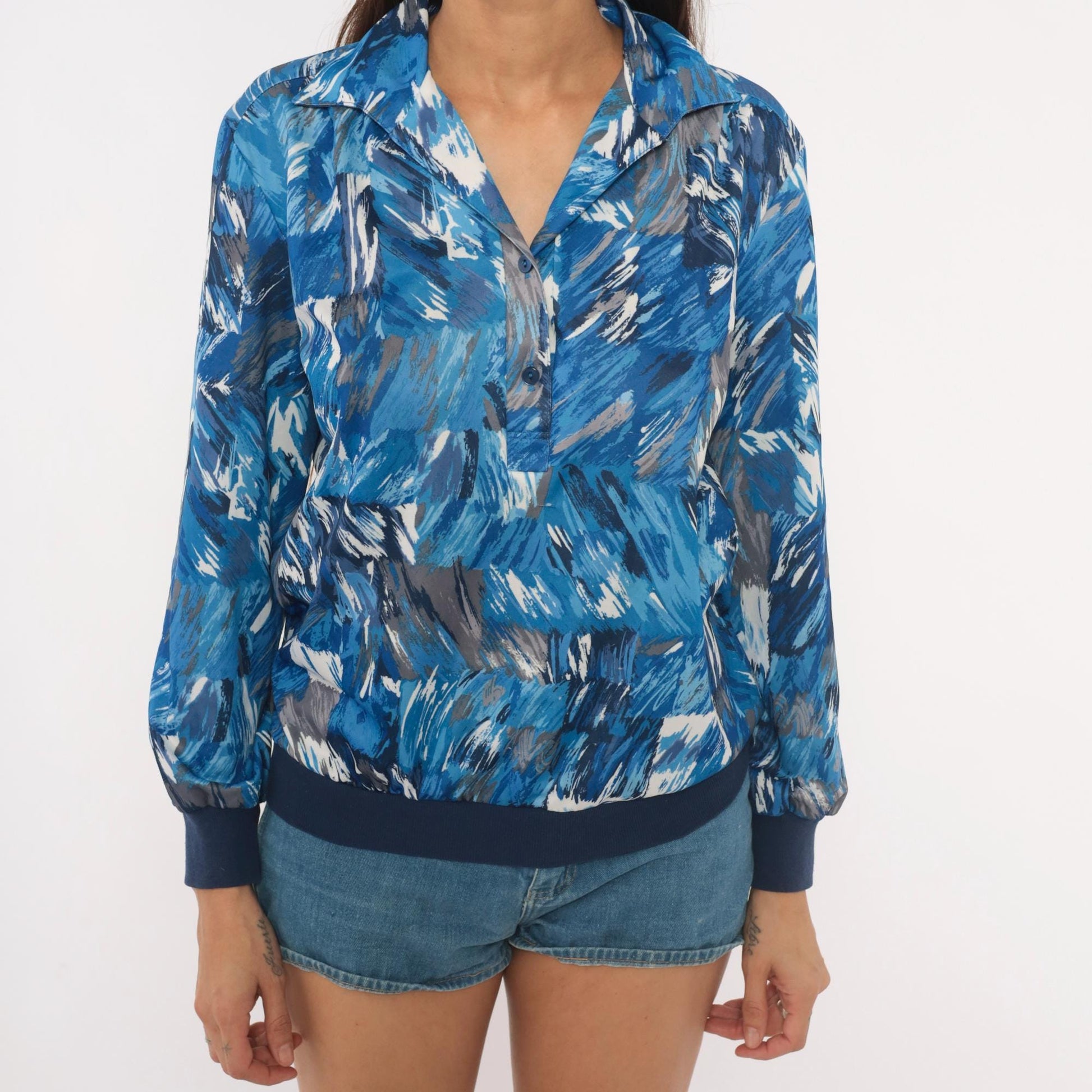 70s Abstract Brushstroke Blouse Cobalt Navy Grey Collared V-Neck Medium