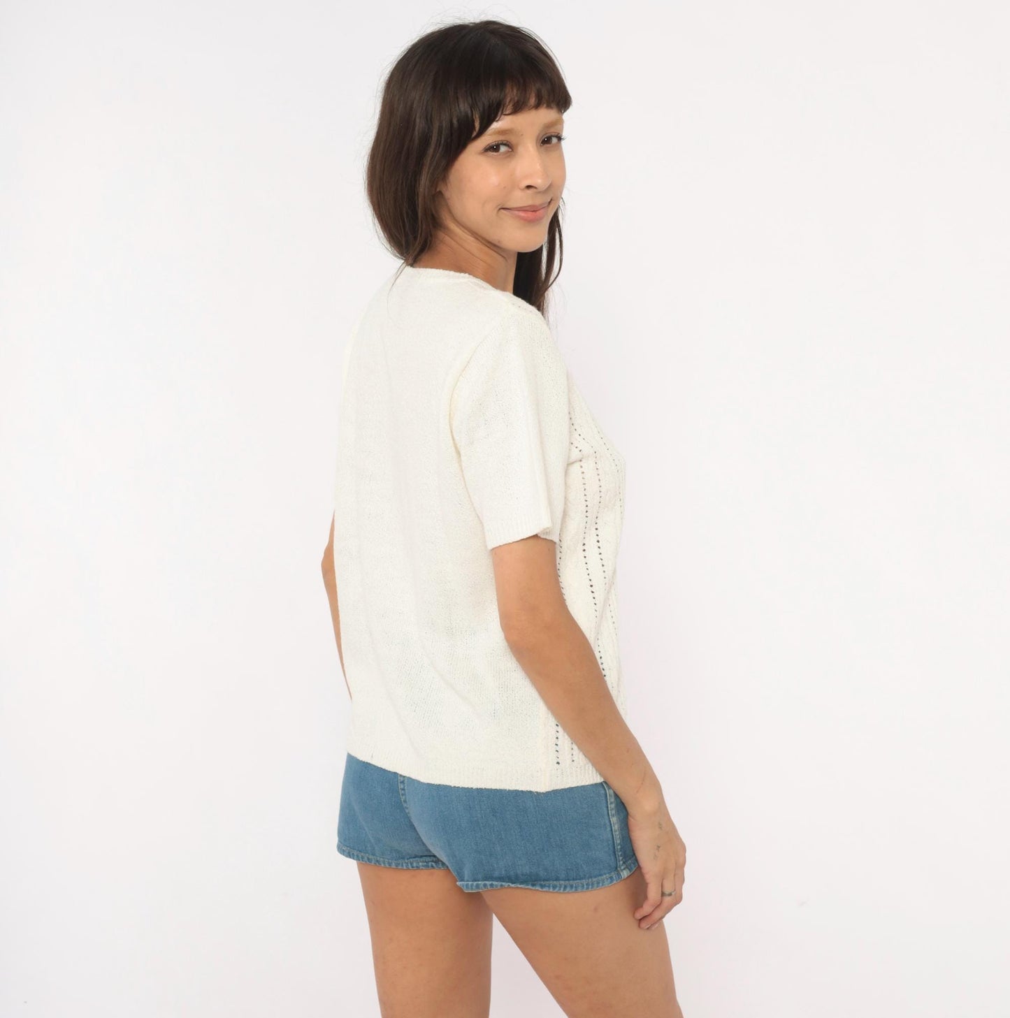 80s Pointelle Cable Knit Pullover Cream Short Sleeve Scoop Neck Large L