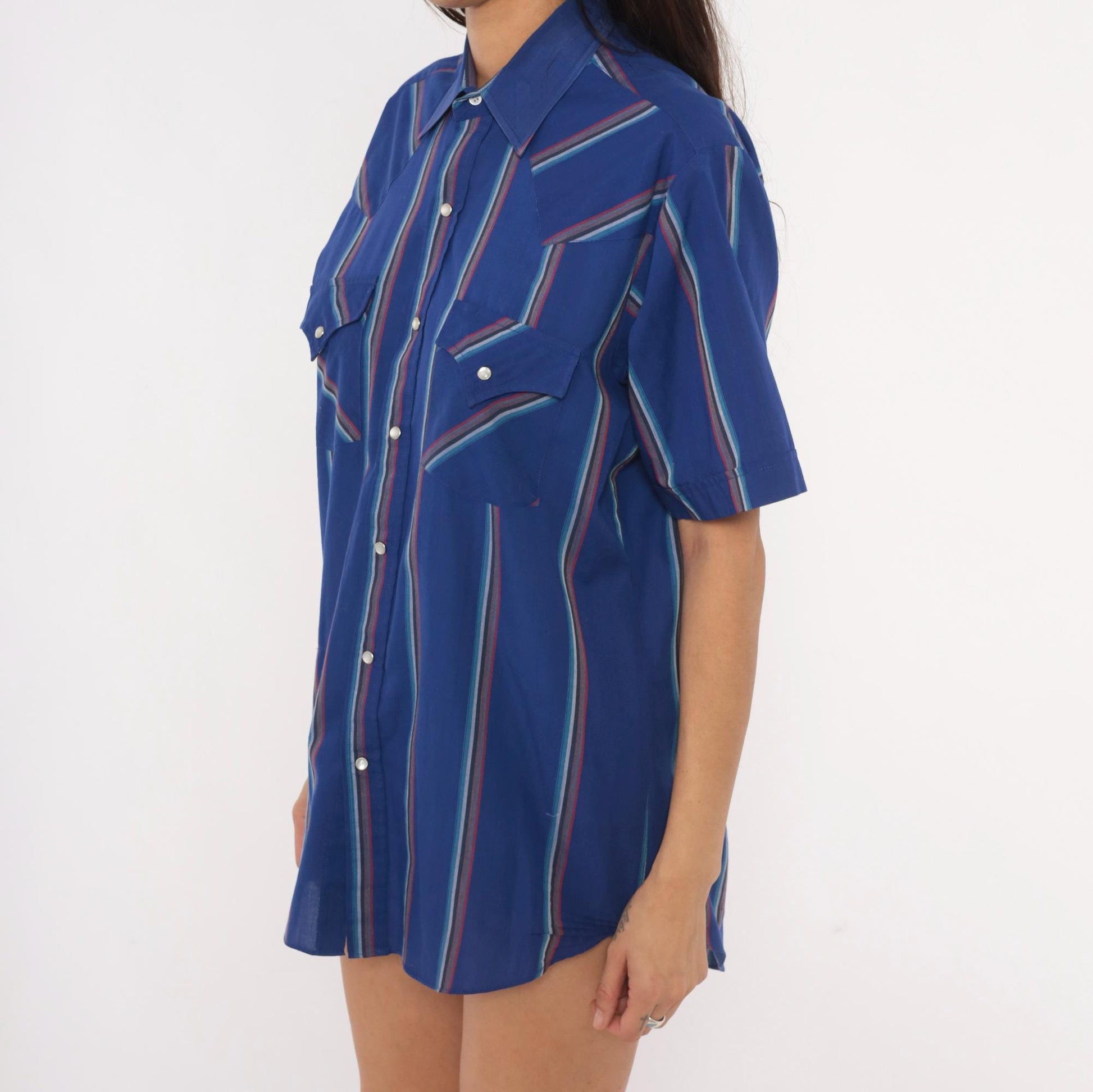 90s Ely Cattleman Western Snap Shirt Cobalt Blue Striped Pearl Button Medium M