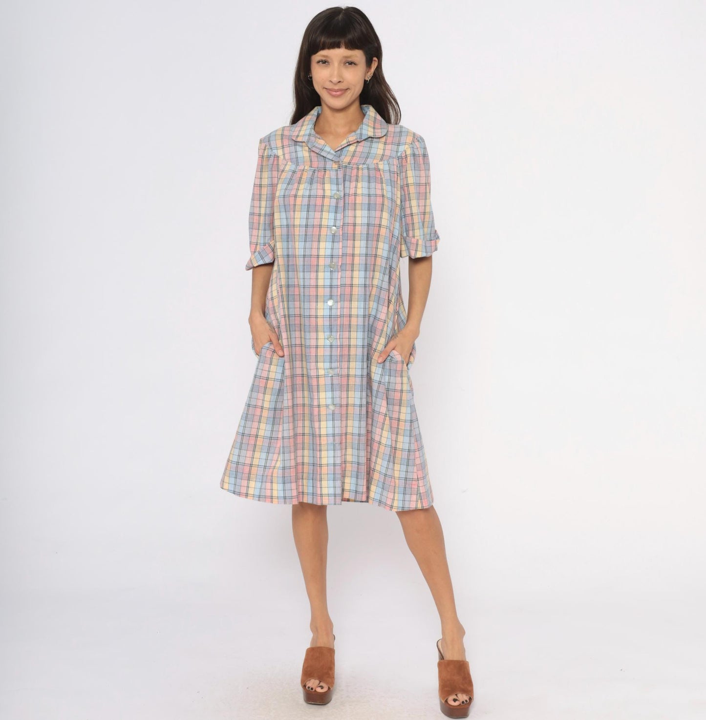 80s Pastel Plaid Cotton Shirt Dress Knee-Length Collared Housecoat Large