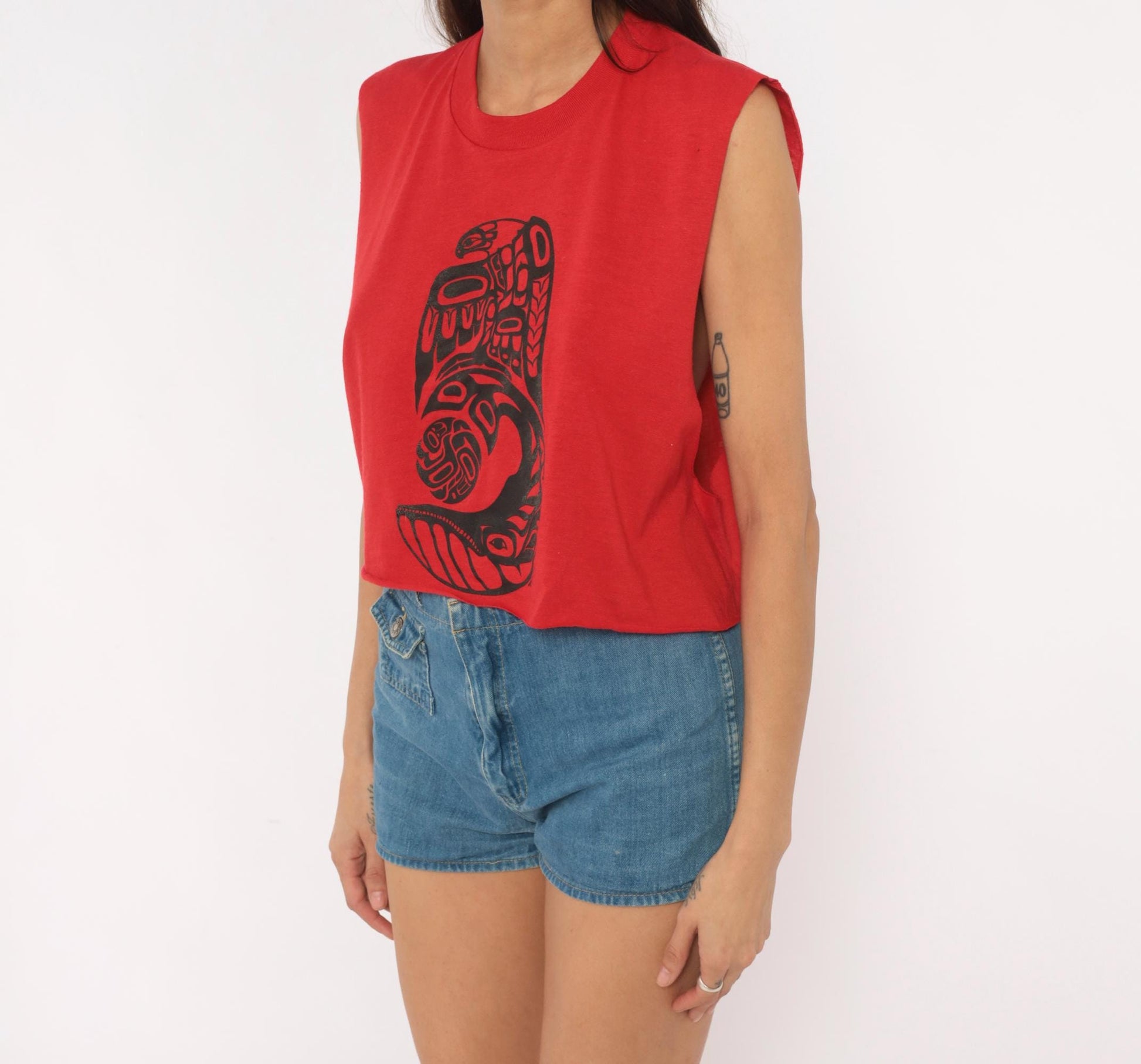 80s Healthknit Red Crop Tank Tribal Totem Print Black Sleeveless Small