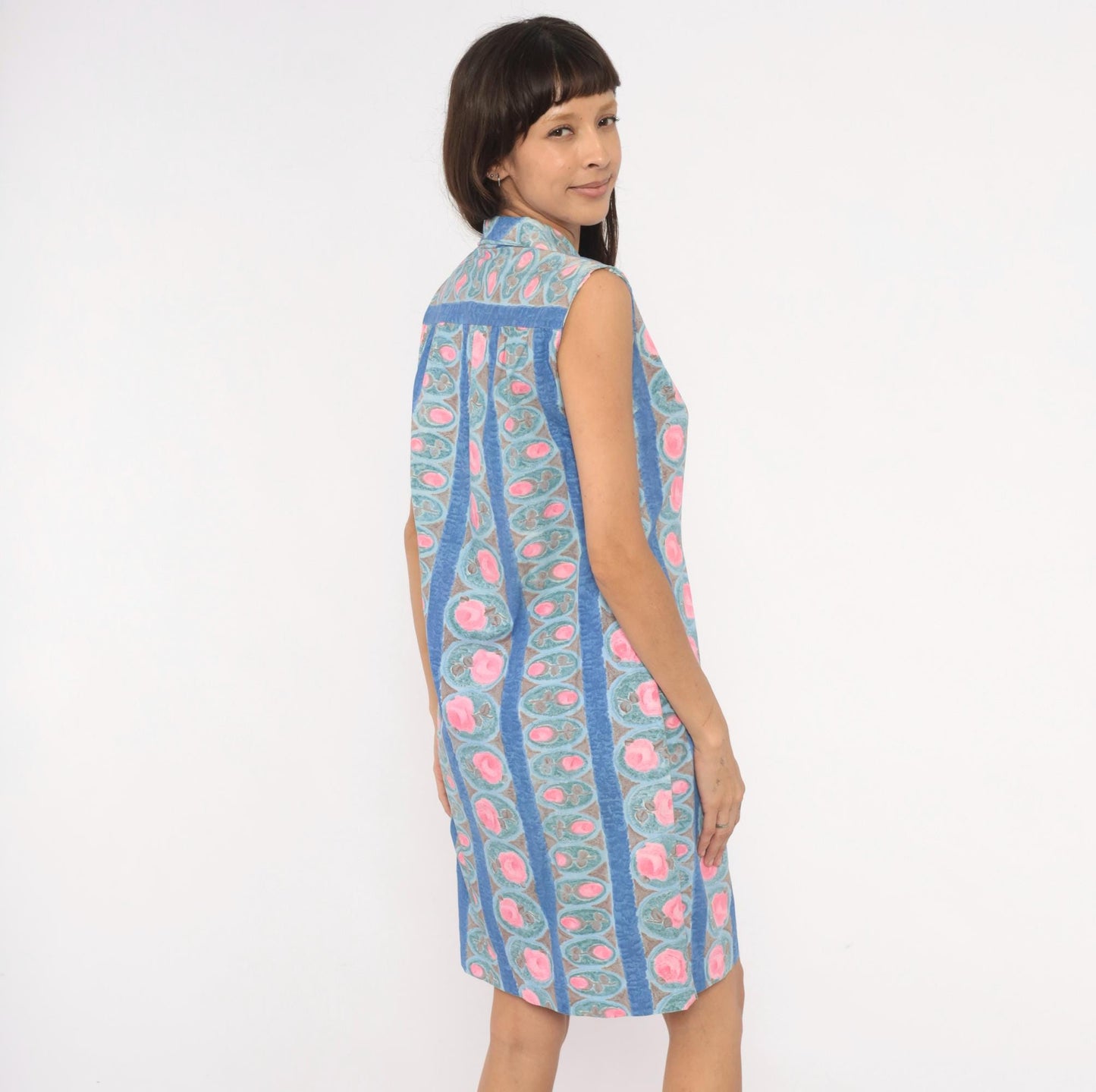 80s Floral Medallion Shirtdress Blue Pink Striped Cotton Sleeveless Medium
