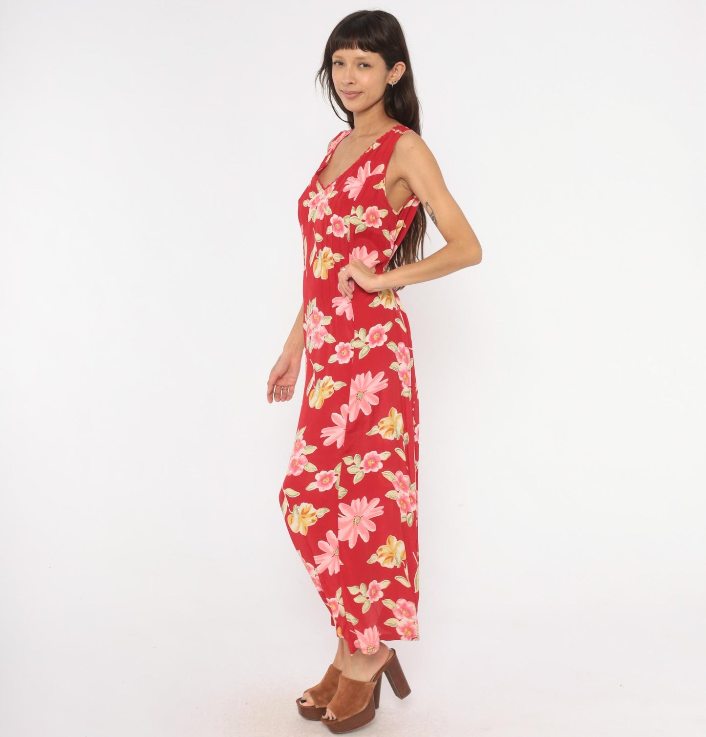 90s White Stag Red Floral Maxi Dress Sleeveless V-Neck Lace Trim Large L