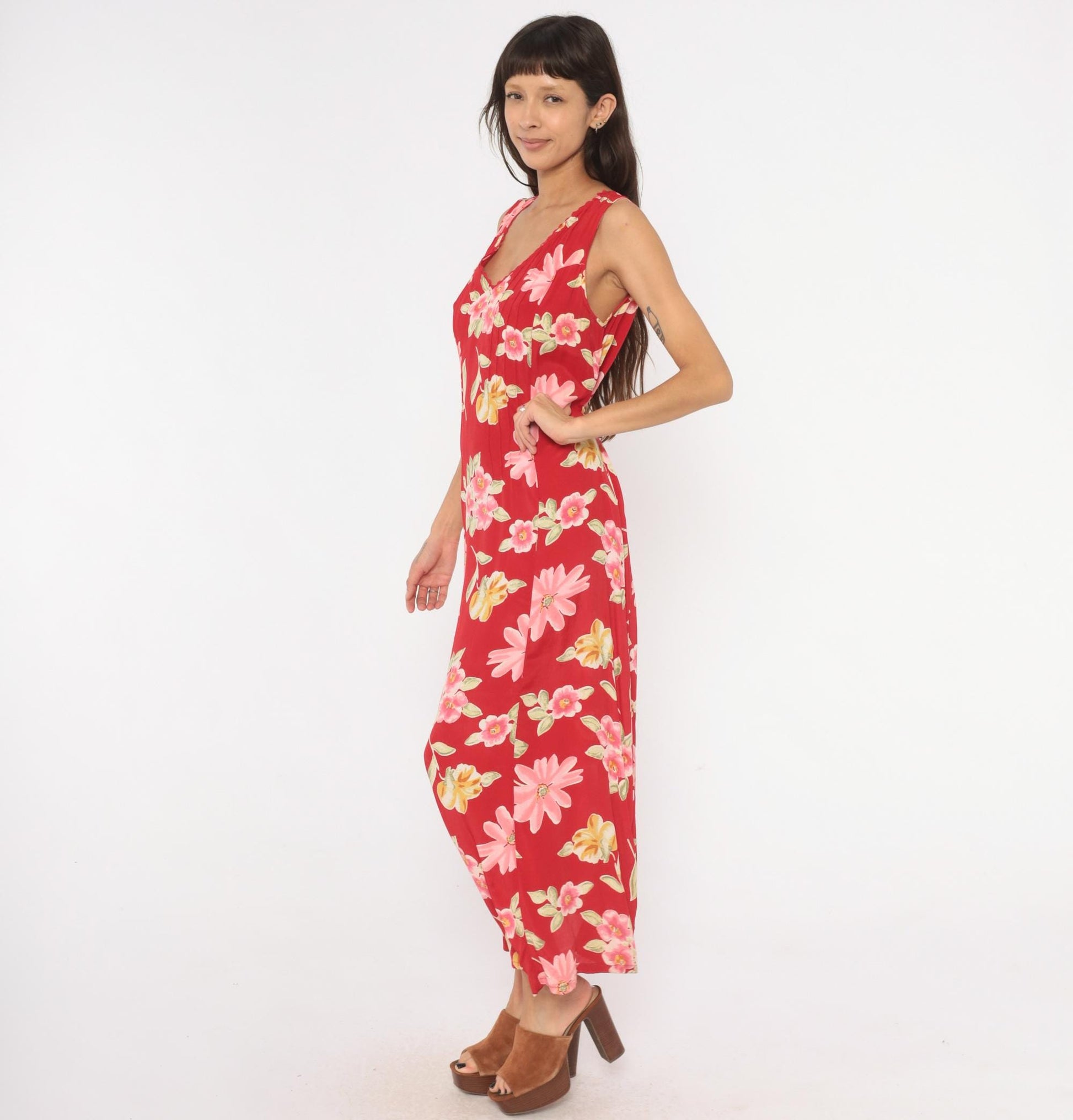 90s White Stag Red Floral Maxi Dress Sleeveless V-Neck Lace Trim Large L