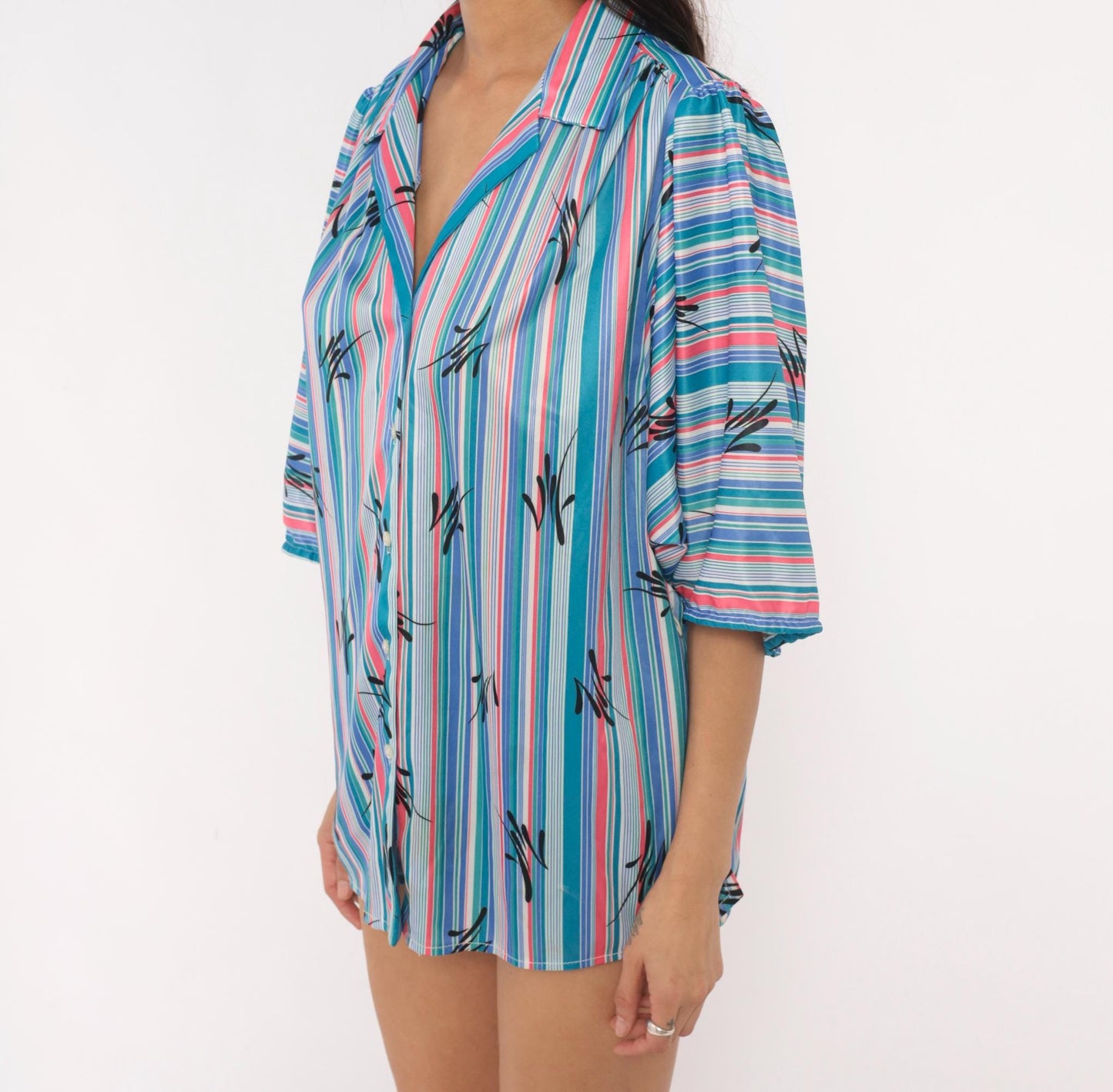 70s Illusions Striped Button Blouse Teal Pink Leaf Print Puff Sleeve Large