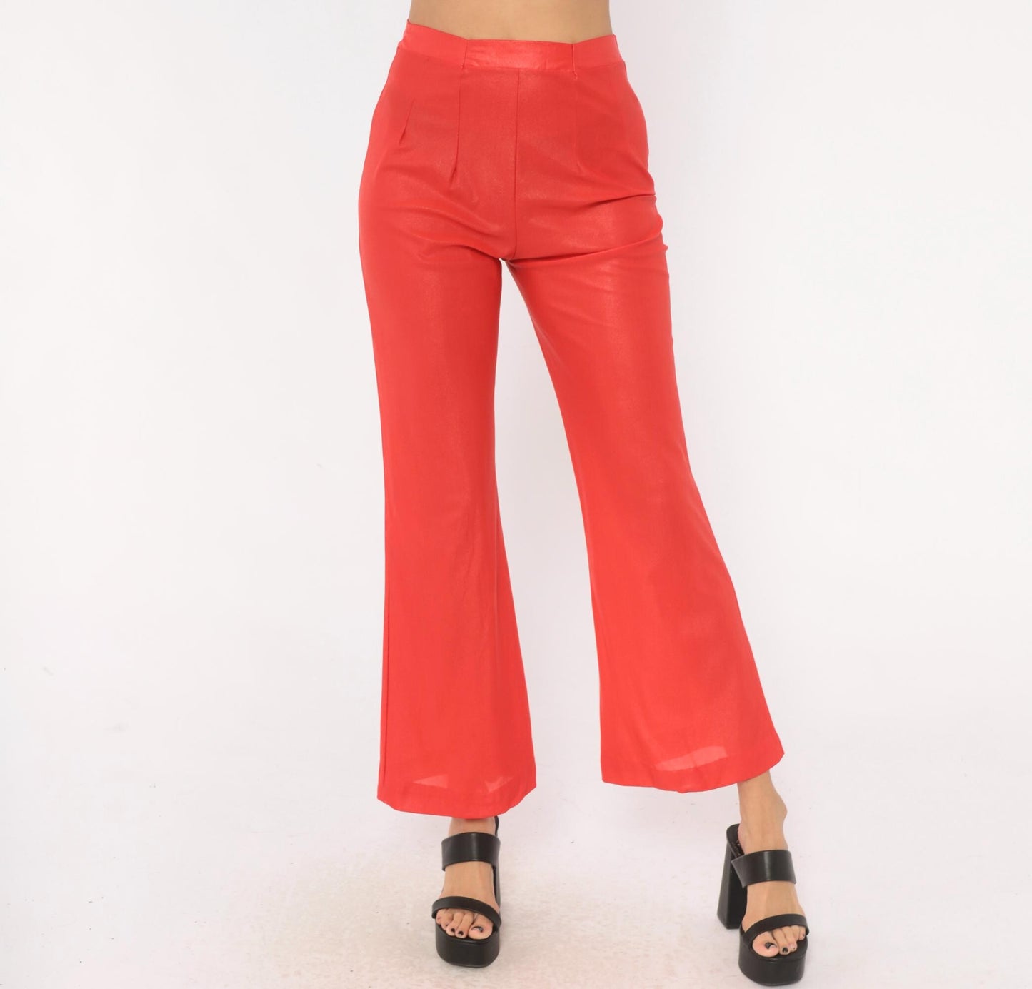 70s Habella Neon Coral Flare Pants High Waist Bell Bottom Acetate XS