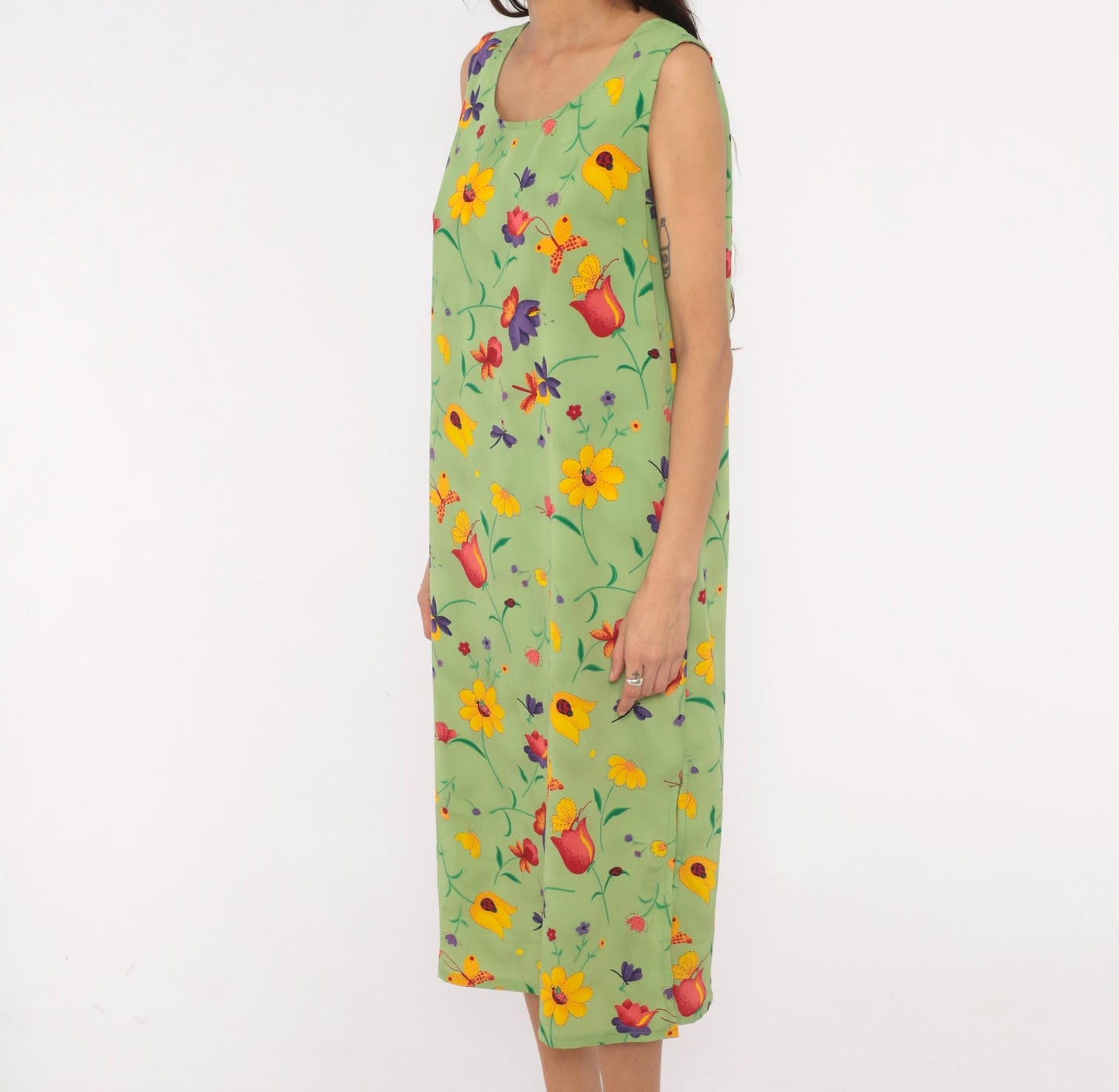 90s Sag Harbor Garden Print Midi Dress Sage Green Floral Petite Large