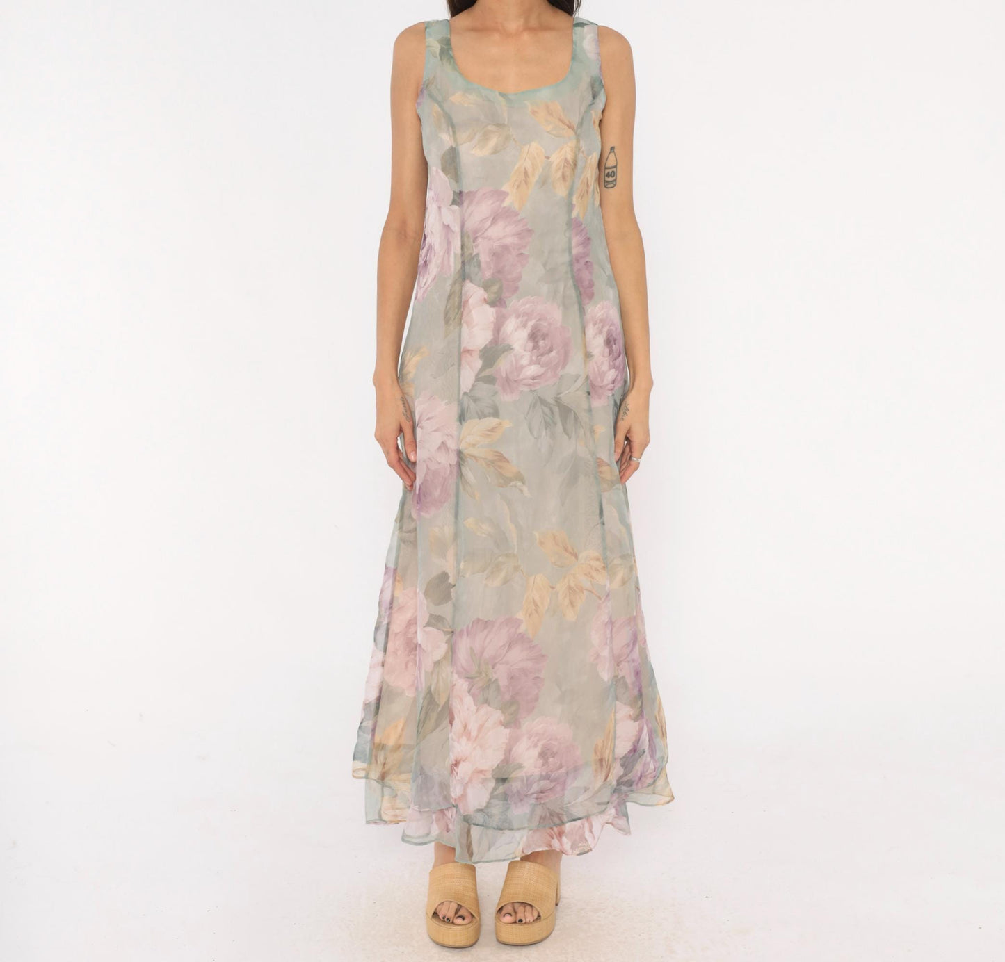 90s Hampton Nites Floral Maxi Dress Sage Pink Chiffon Sleeveless Medium M