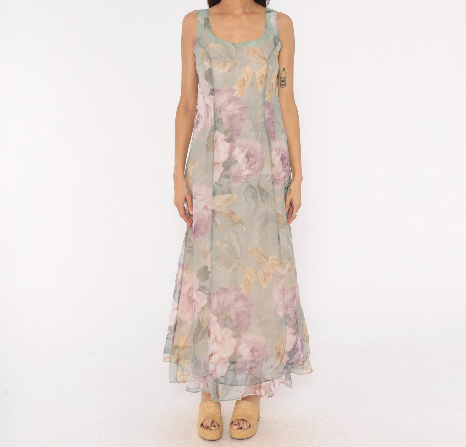 90s Hampton Nites Floral Maxi Dress Sage Pink Chiffon Sleeveless Medium M