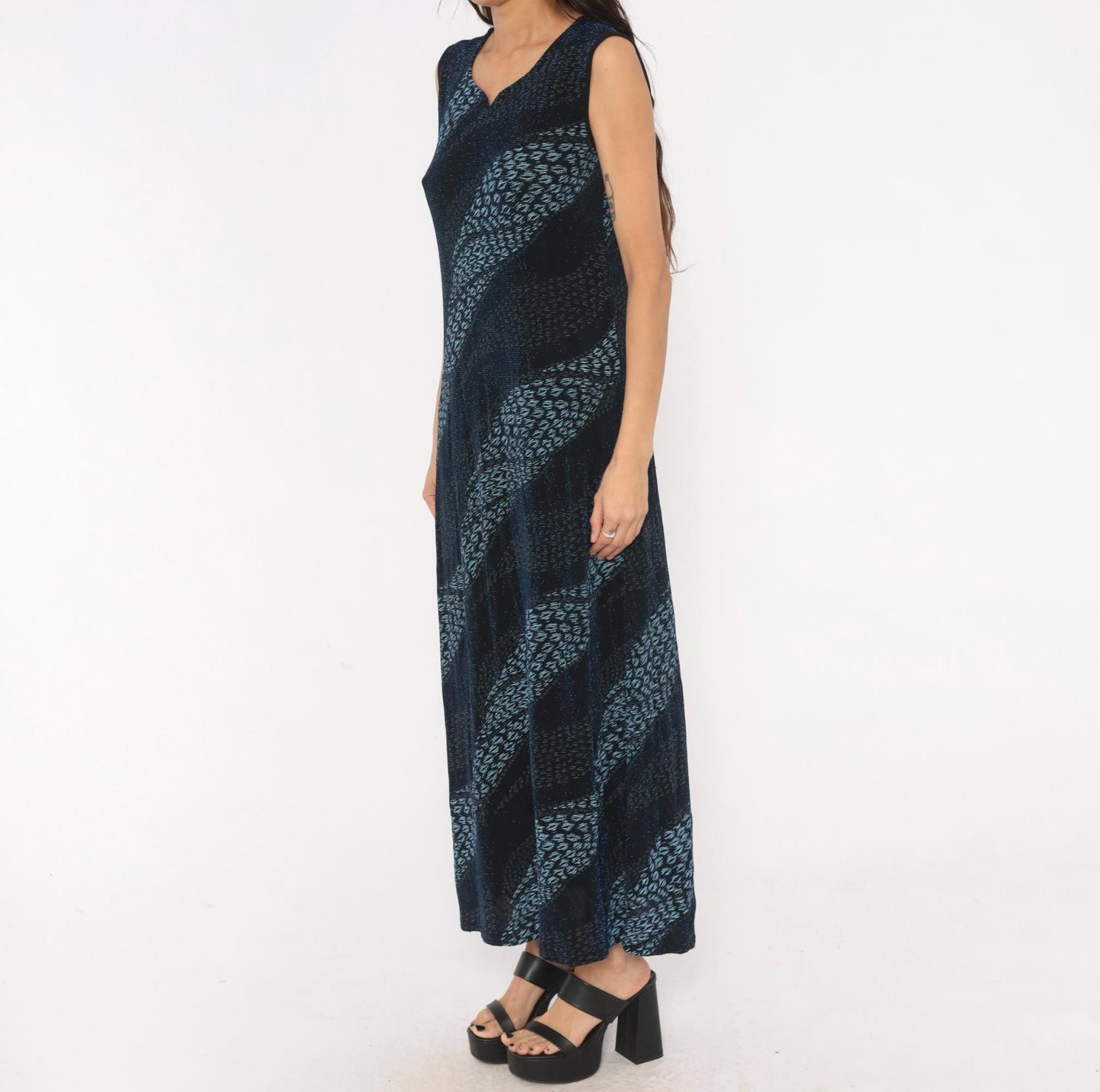 90s Black Blue Leopard Stripe Maxi Dress Sleeveless V Neck Extra Large XL