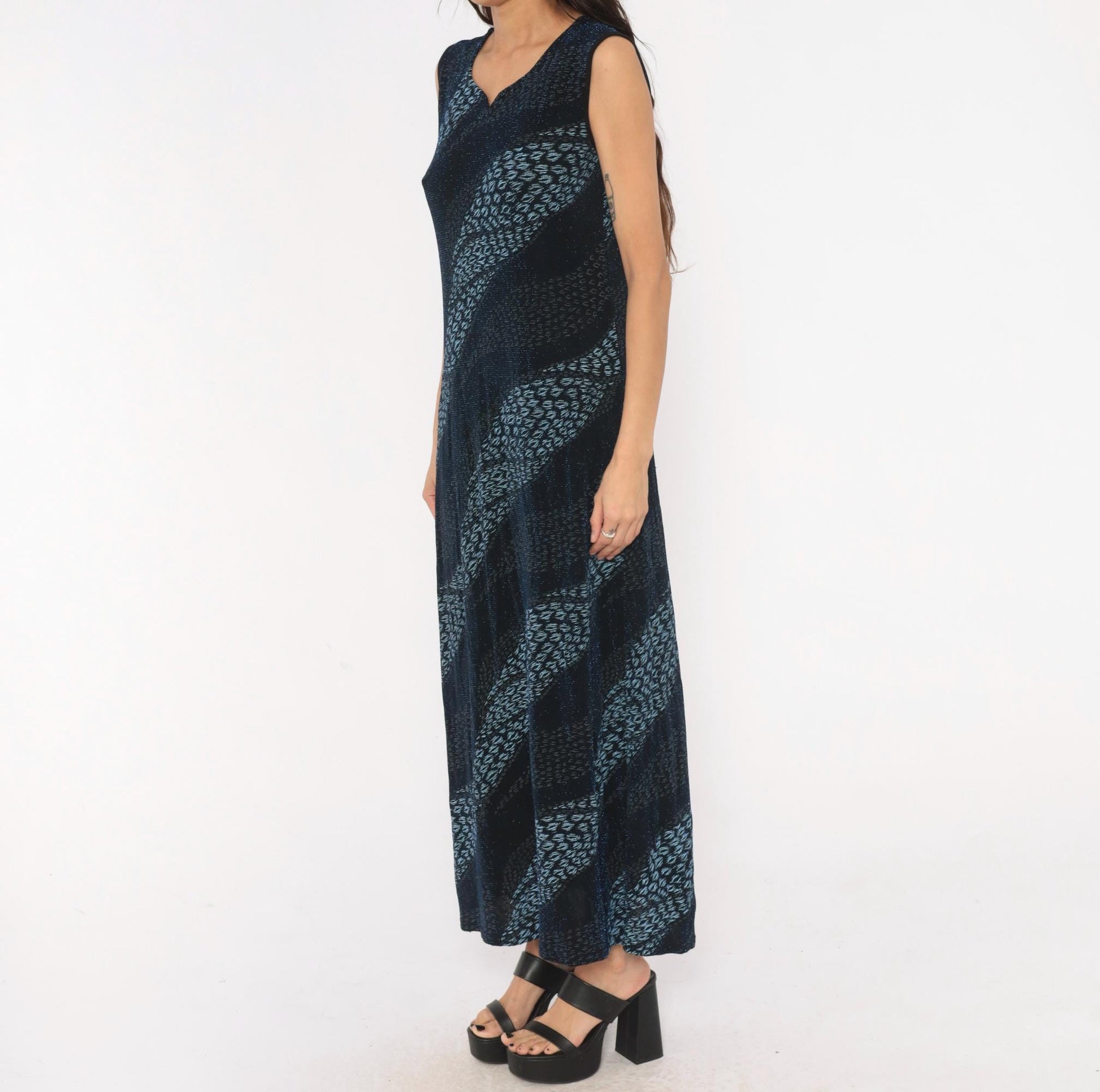 90s Black Blue Leopard Stripe Maxi Dress Sleeveless V Neck Extra Large XL