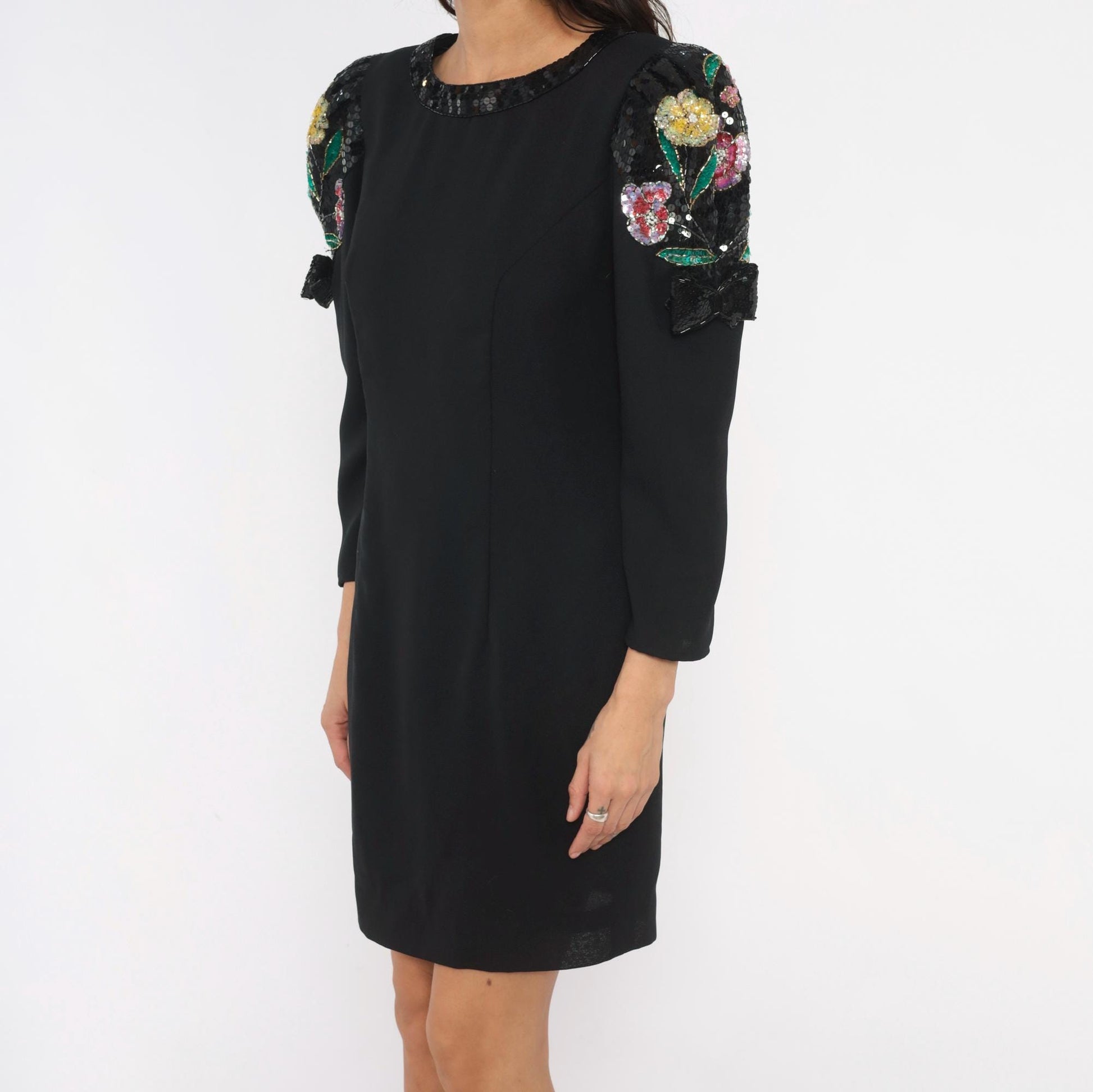 90s Jack Bryan Black Sequin Floral Shift Dress Puff Sleeve Small Medium