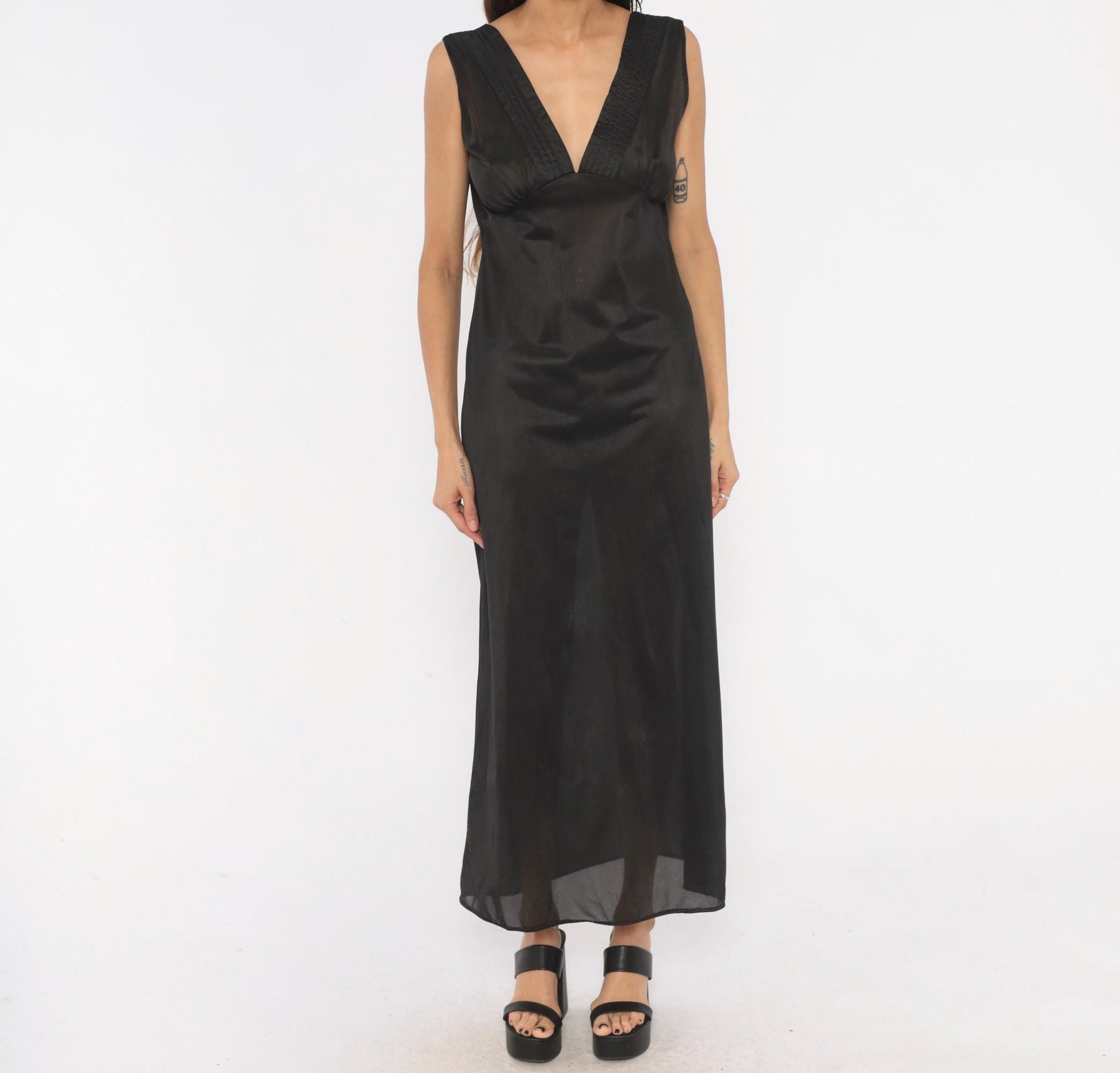 90s Black Sheer Maxi Slip Dress Deep V Neck Empire Waist Medium