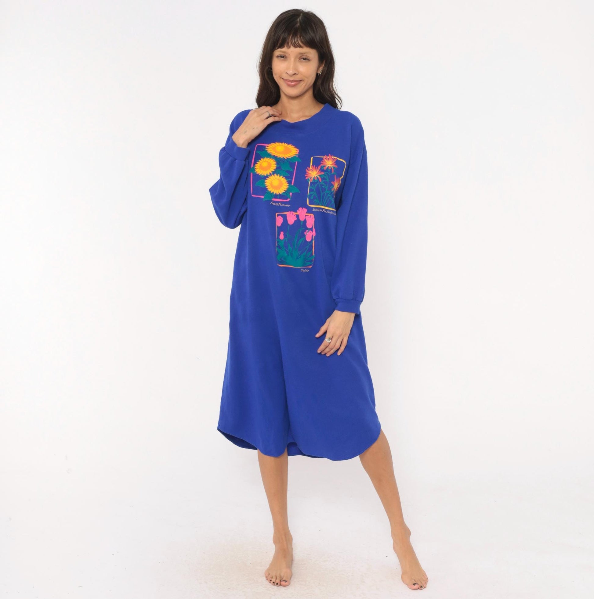 90s Leisure Wear Floral Sweatshirt Dress Cobalt Blue Balloon Sleeve Midi