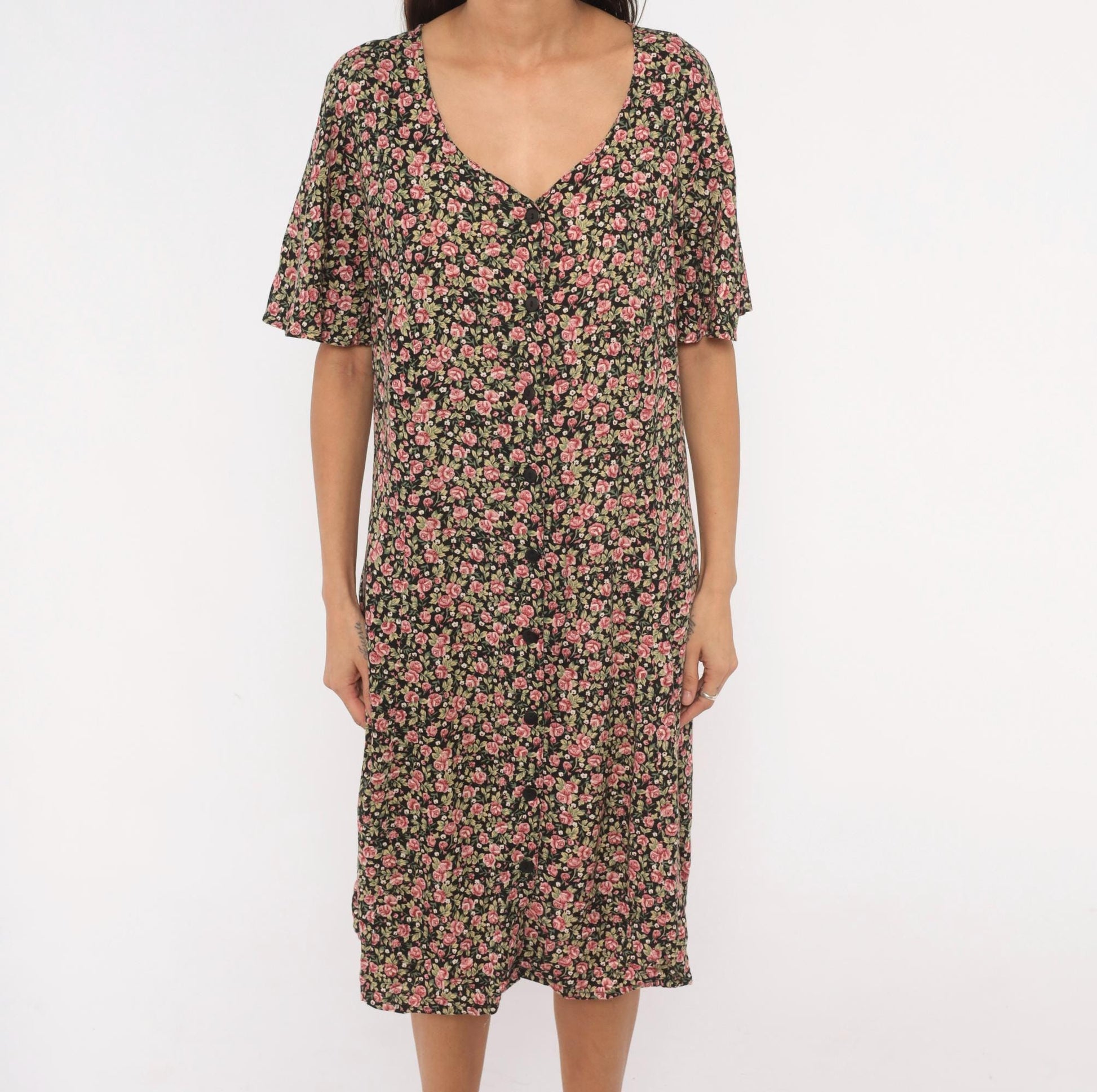 90s Ulterior Motives Floral Dress Black Pink Rose Print V Neck Flutter Sleeve Knee Length Large