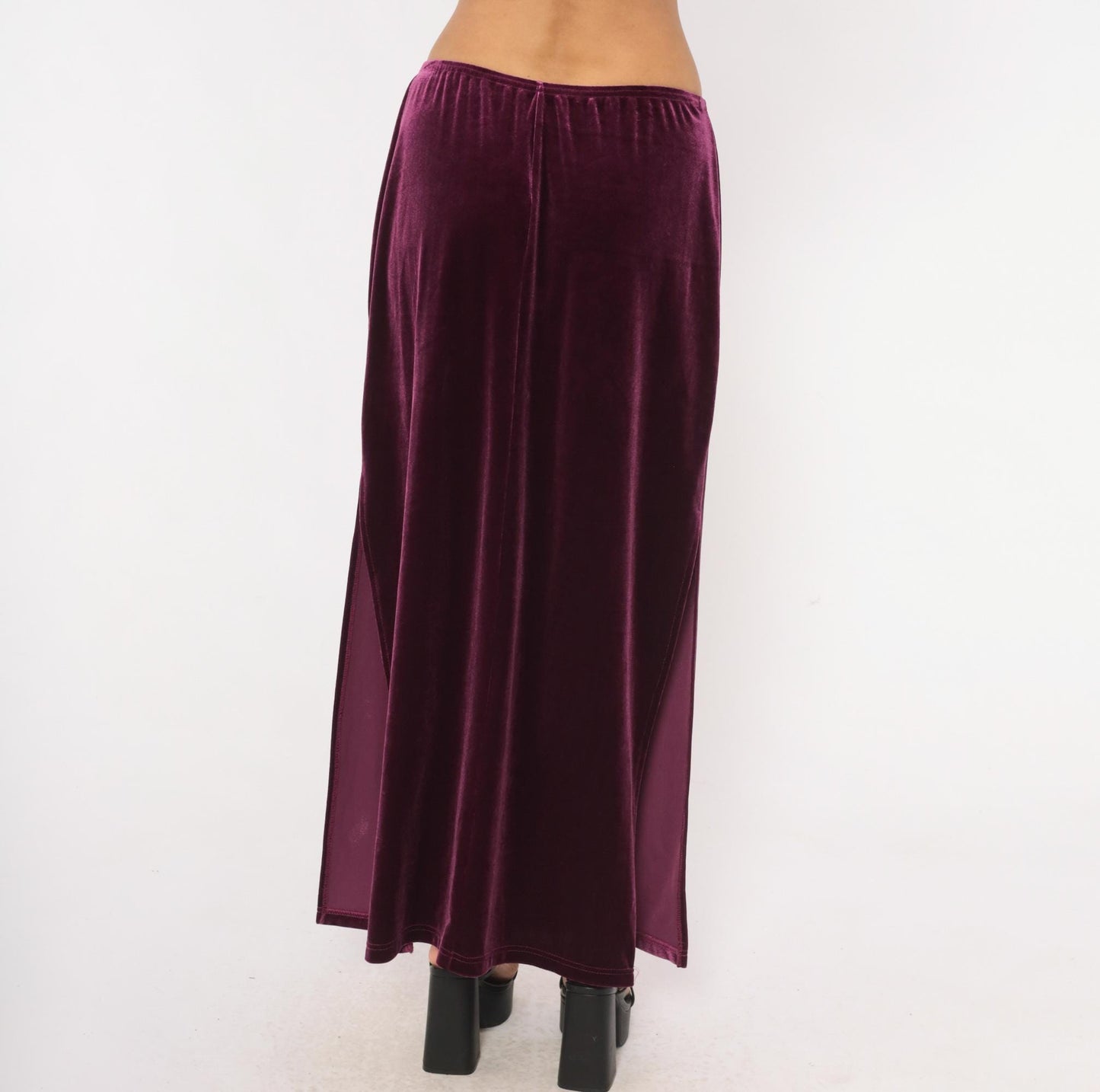 2000s Exact Change Plum Velvet Maxi Skirt A-Line Ankle Slit Extra Large XL