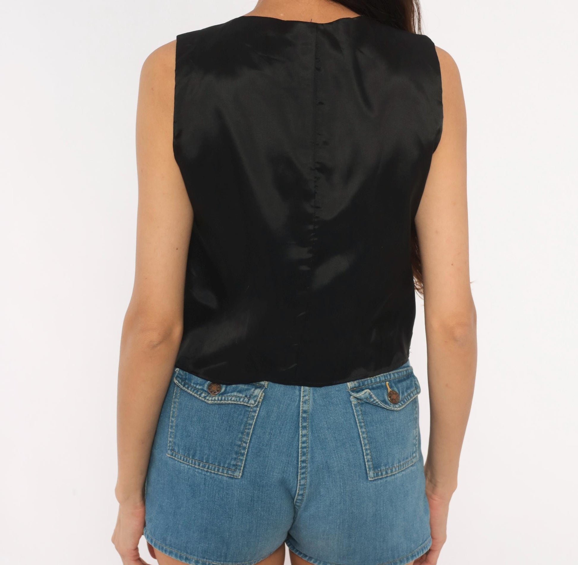 90s Eclipse Black Leather Vest Deep V Button Front Cropped Medium