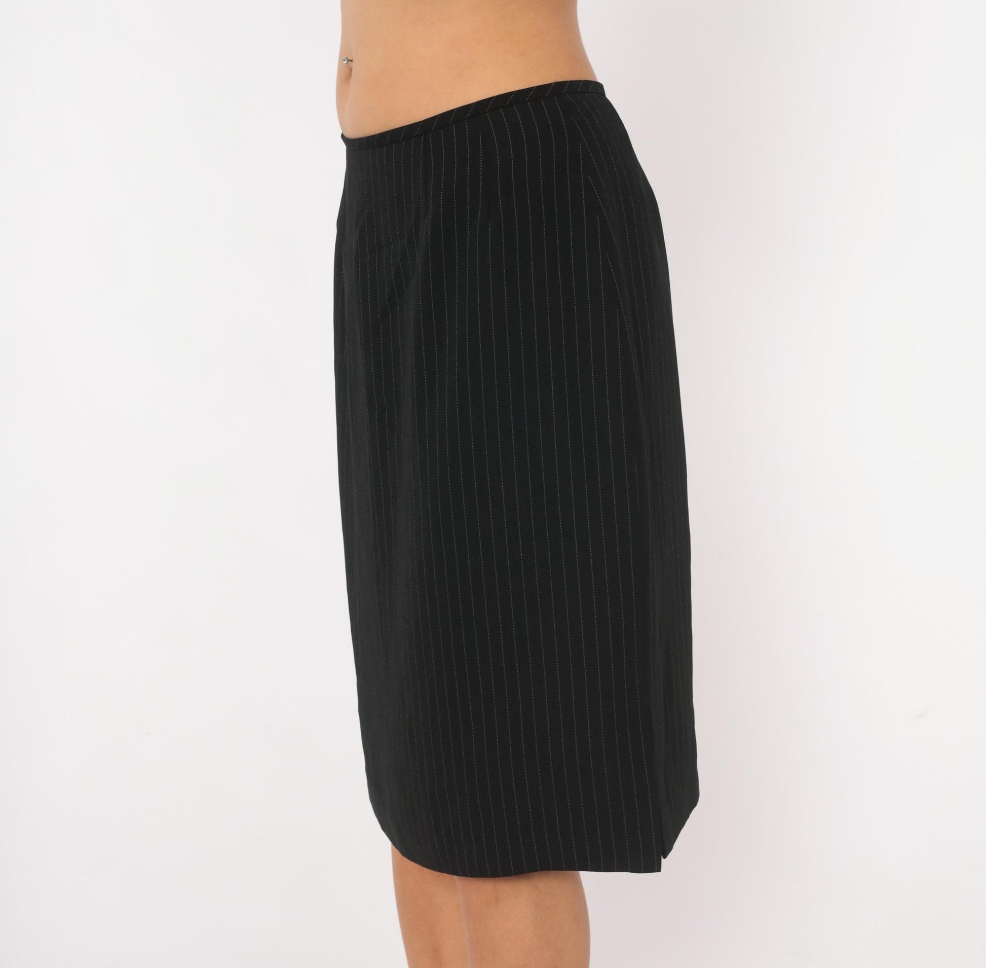 2000s Black Pinstripe A-Line Skirt White Stripe Knee-Length Medium M