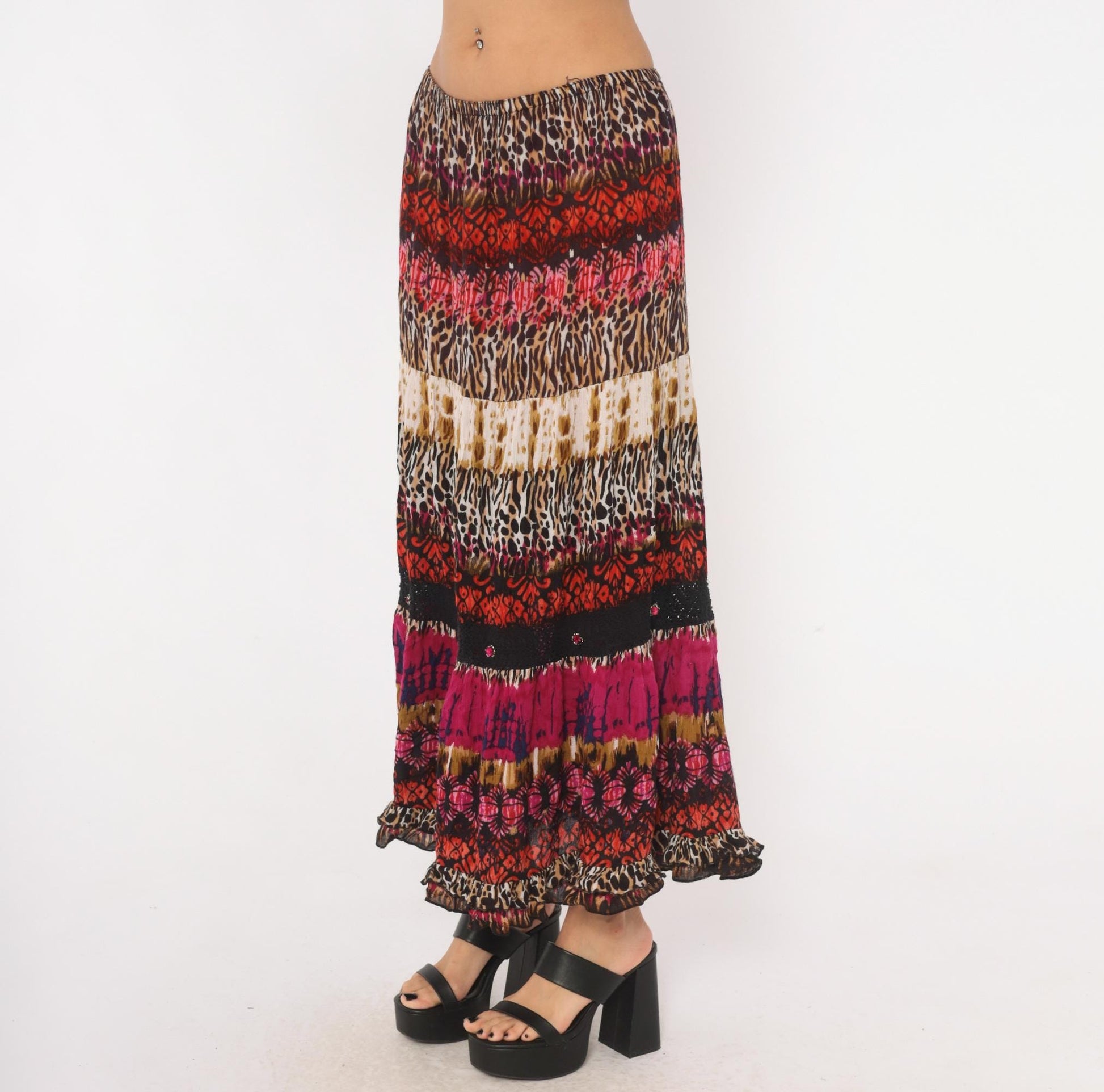 90s Forbidden Animal Print Maxi Skirt Pink Leopard Tiered XL