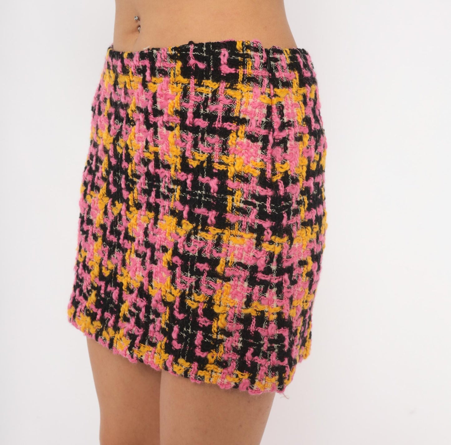 70s Milly Pink Houndstooth Tweed Mini Skirt Wool Plaid Small S