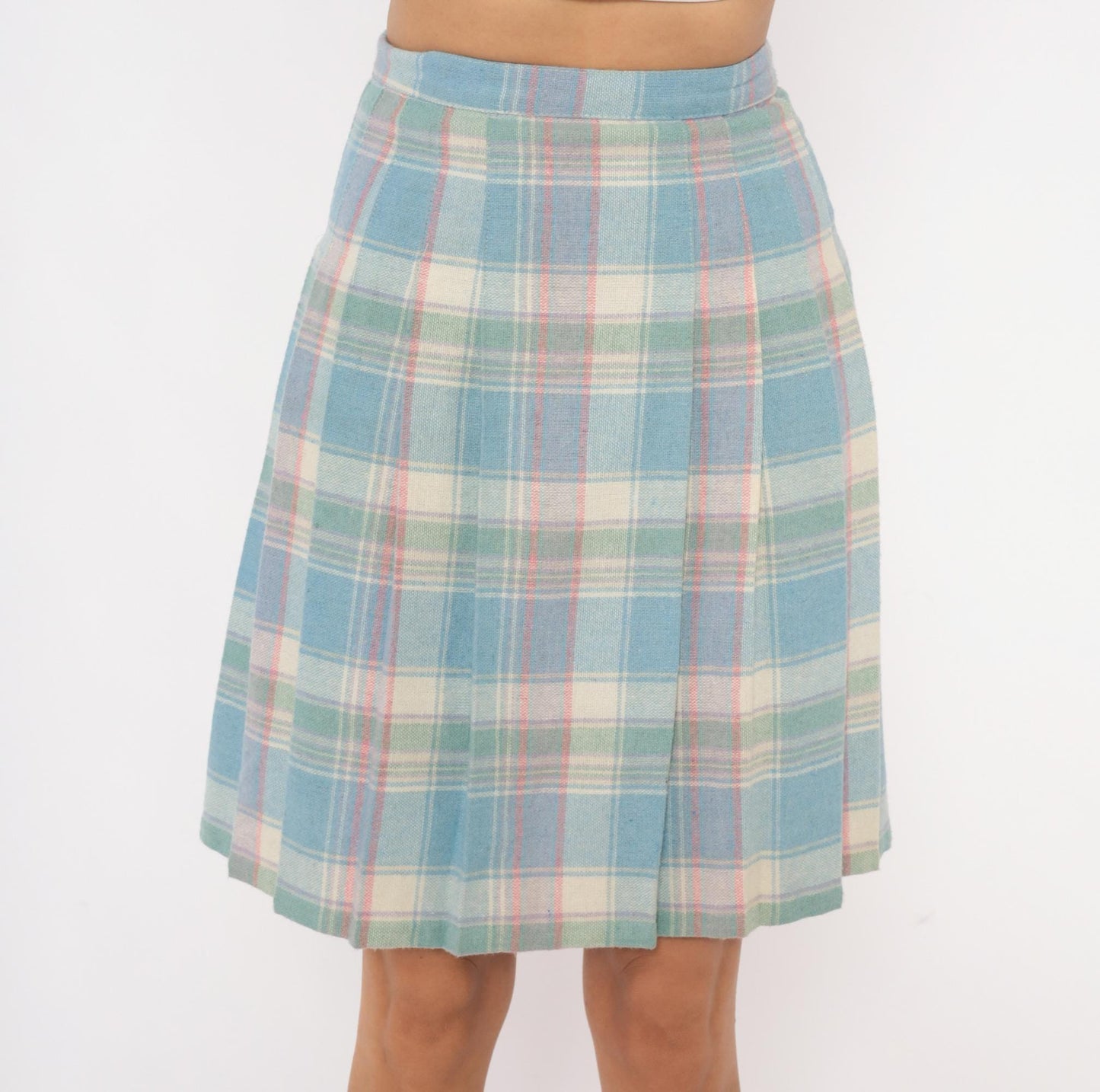 90s Pastel Plaid Pleated Skirt Wool Blend Blue Pink Green Tartan Knee-Length Extra Small