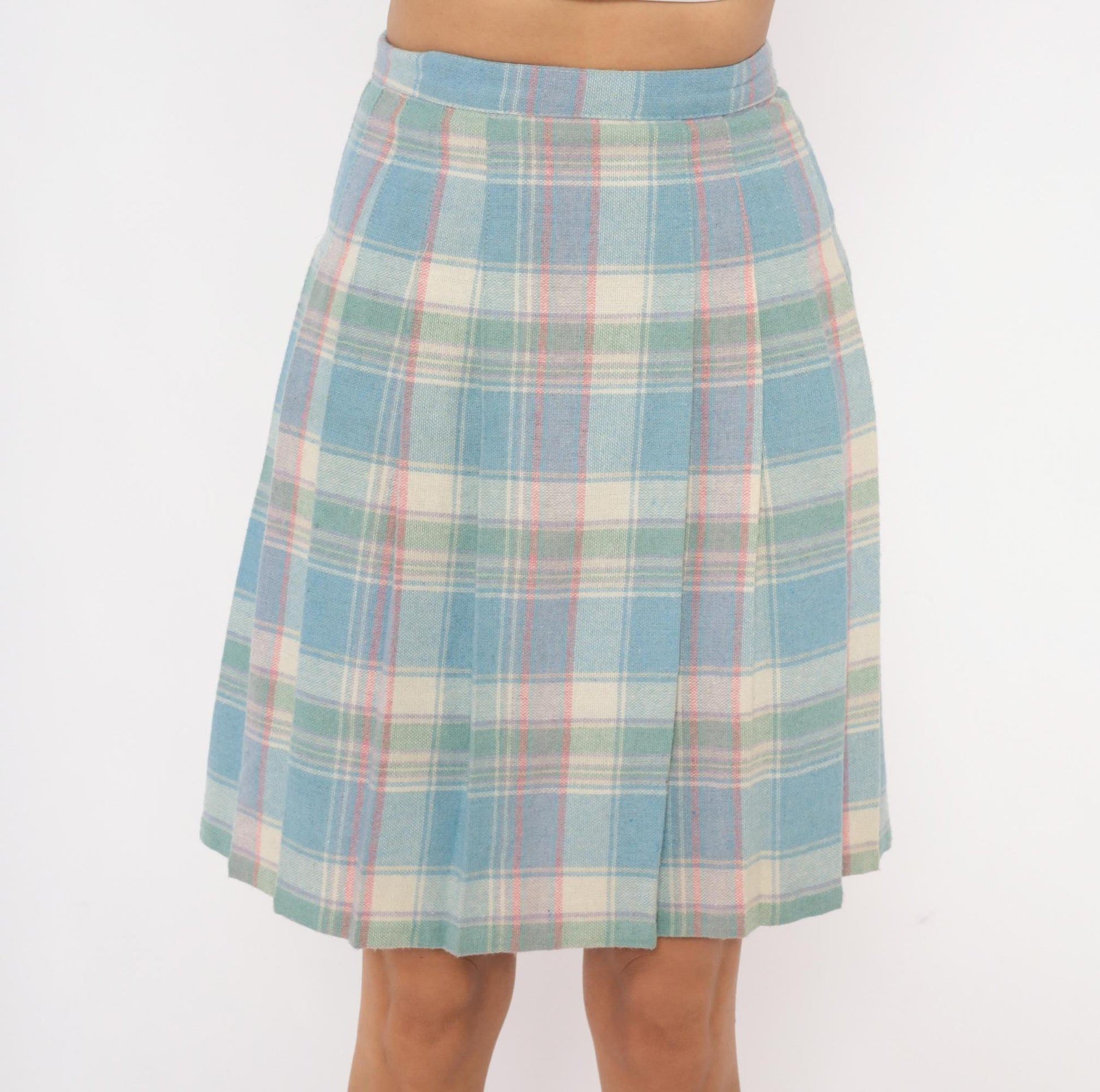 90s Pastel Plaid Pleated Skirt Wool Blend Blue Pink Green Tartan Knee-Length Extra Small