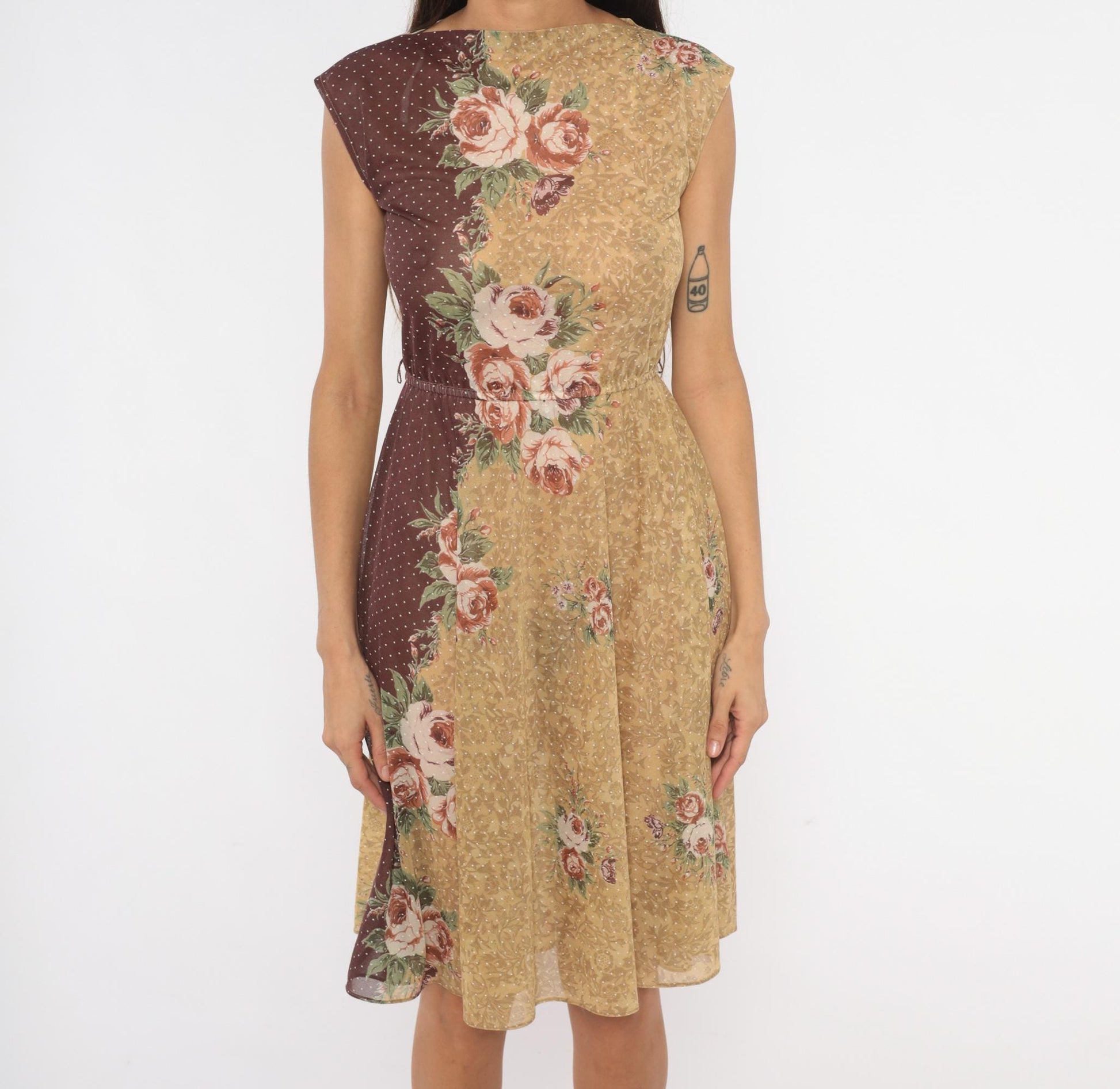80s Melissa Petites Floral Polka Dot Dress Tan Burgundy Cap Sleeve Small