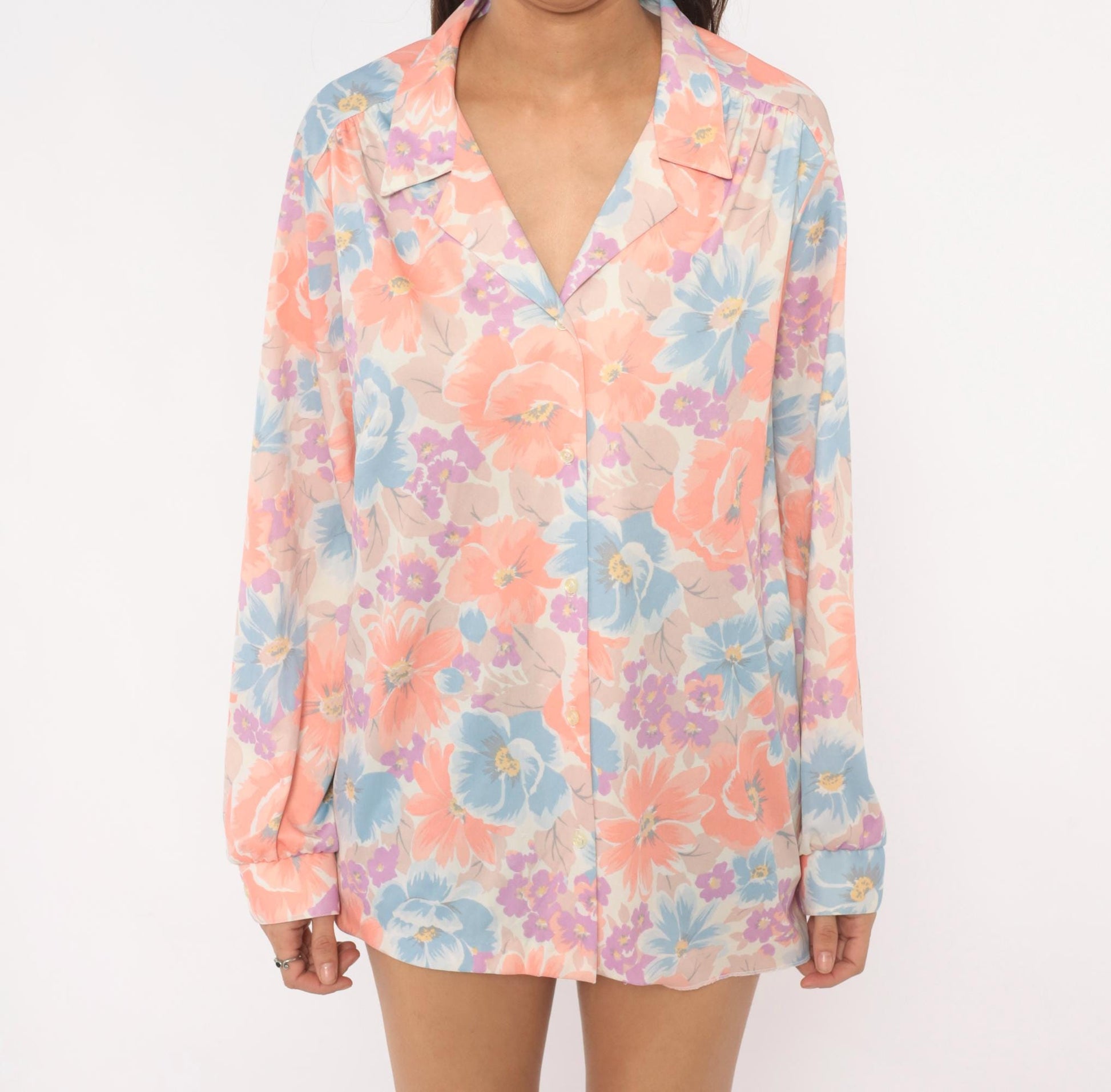 80s The Fire Islander Woman Floral Button Blouse Coral Periwinkle Large L