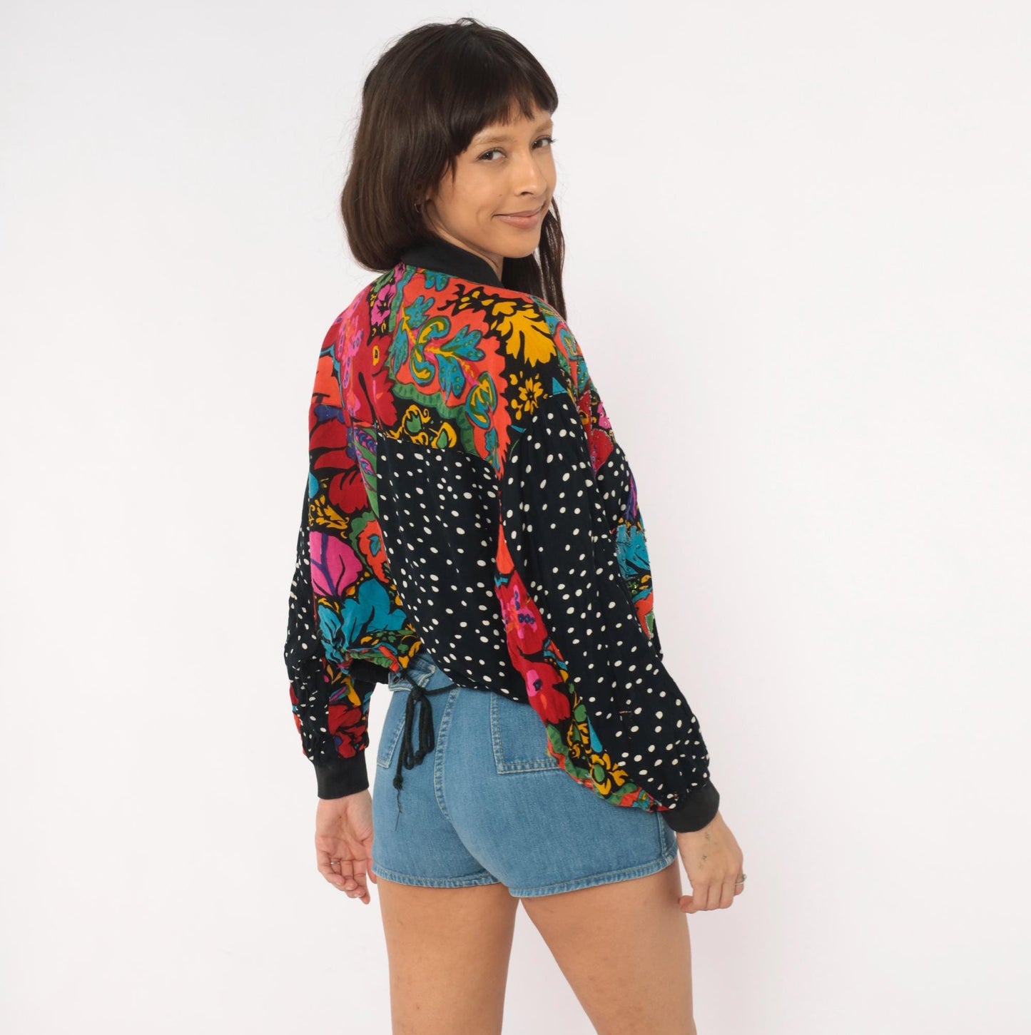 90s Tarazzia Patchwork Bomber Jacket Sequin Polka Dot Floral Small