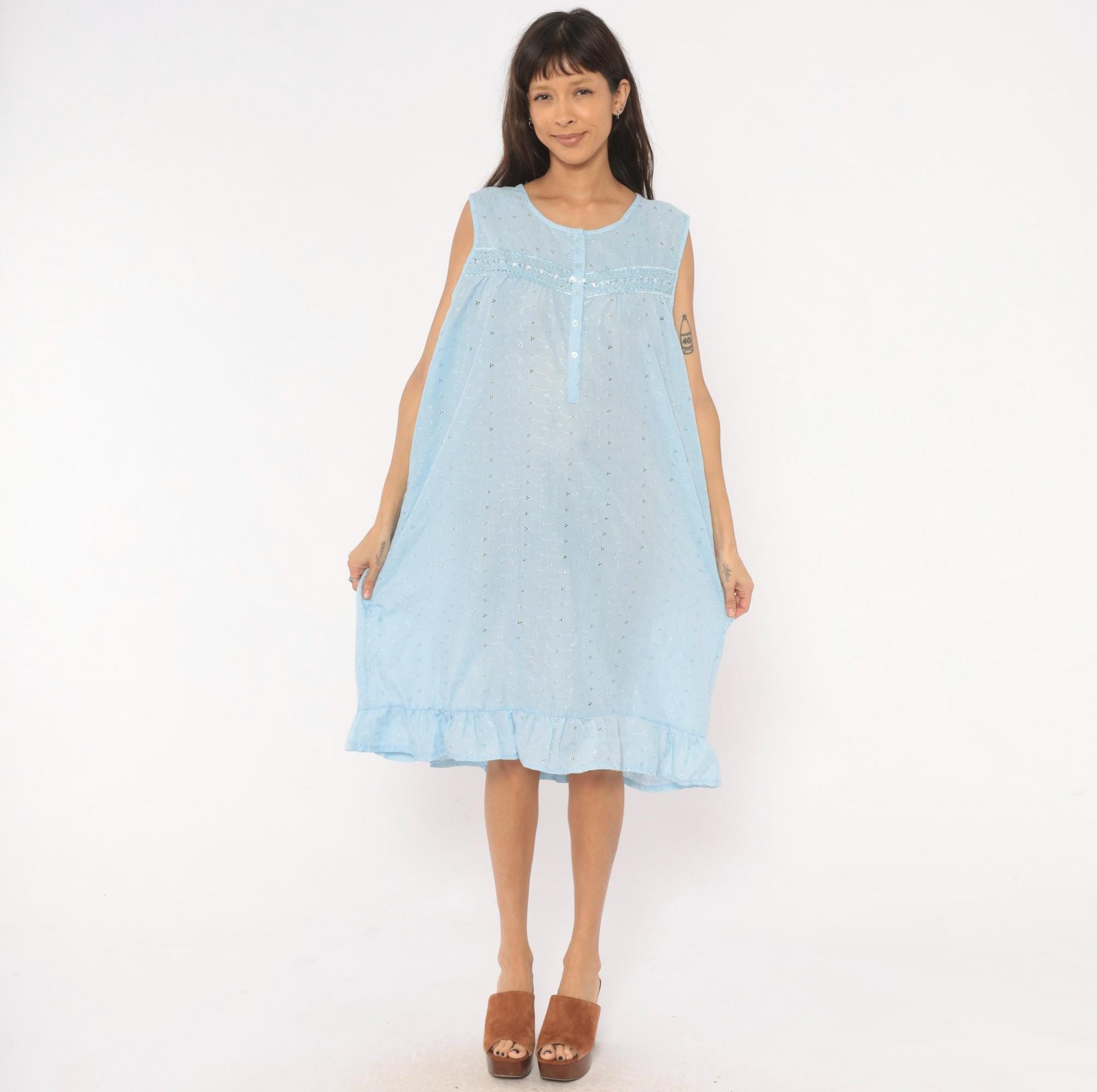 80s Lali Fashion Sky Blue Eyelet Nightgown Babydoll Sleeveless Large L