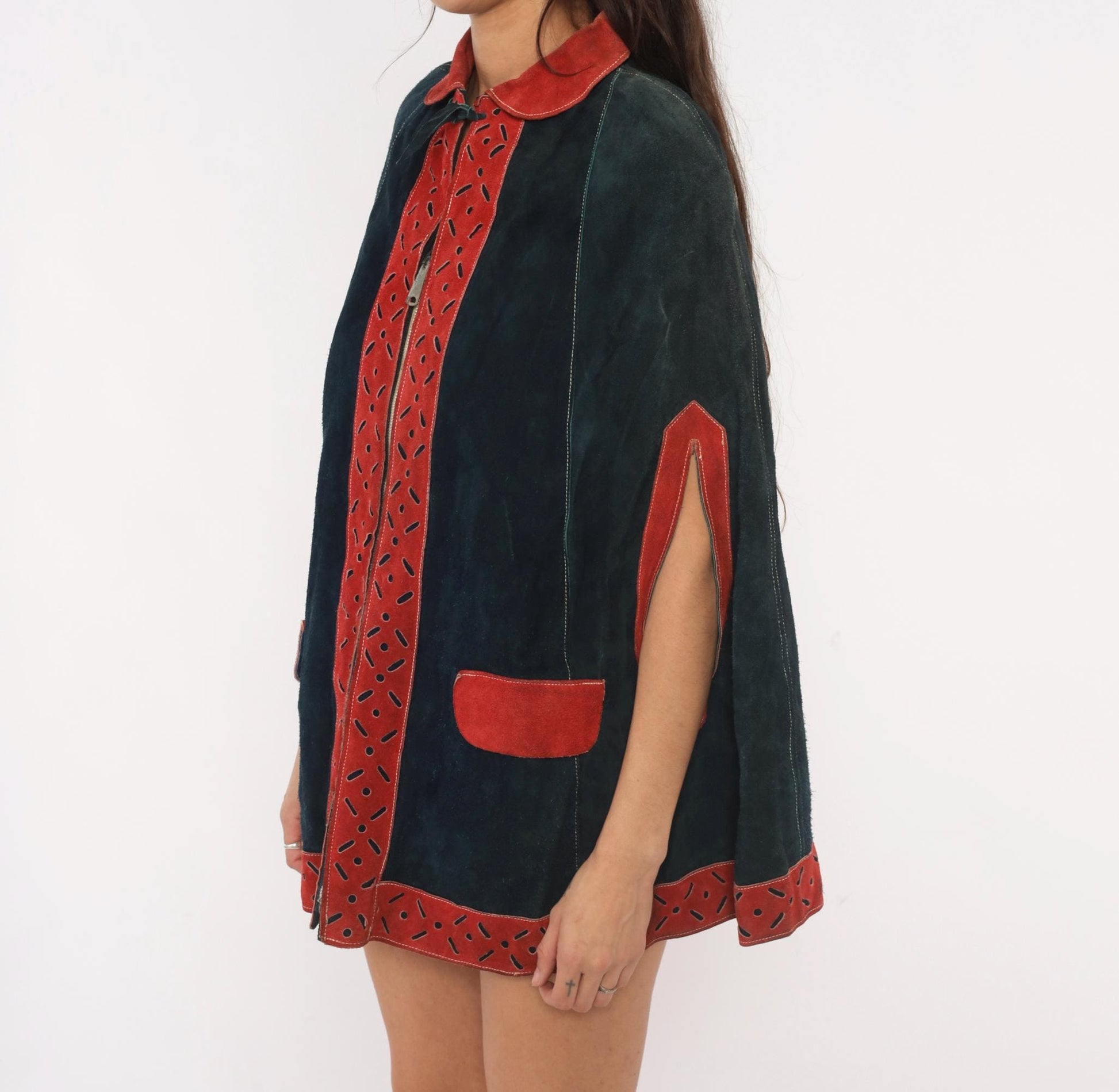 1970s Navy Suede Cape Red Leather Trim Peter Pan Collar Mod Poncho Small