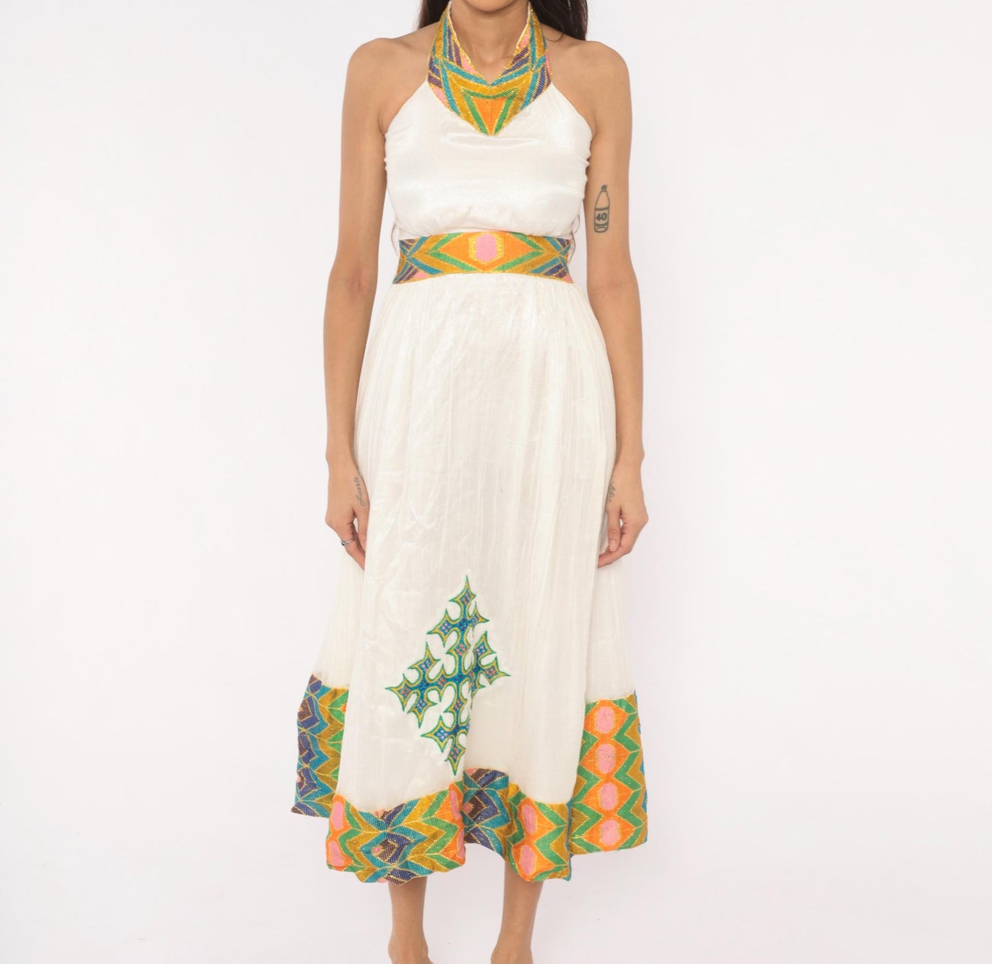 90s White Cotton Gauze Halter Midi Dress Embroidered Cross Geometric Trim Small