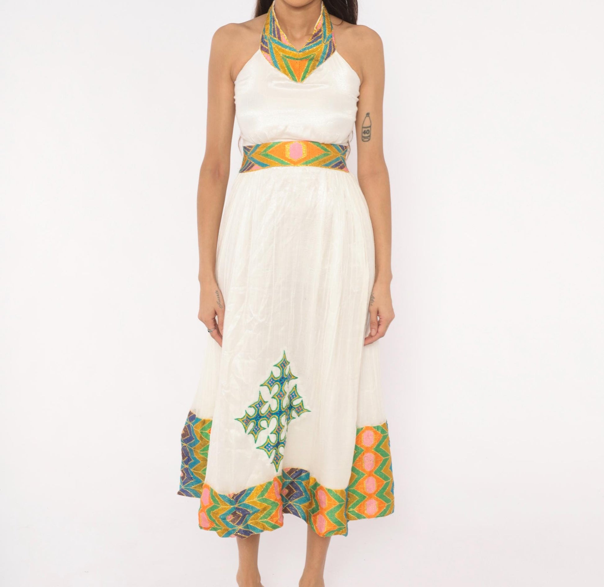 90s White Cotton Gauze Halter Midi Dress Embroidered Cross Geometric Trim Small