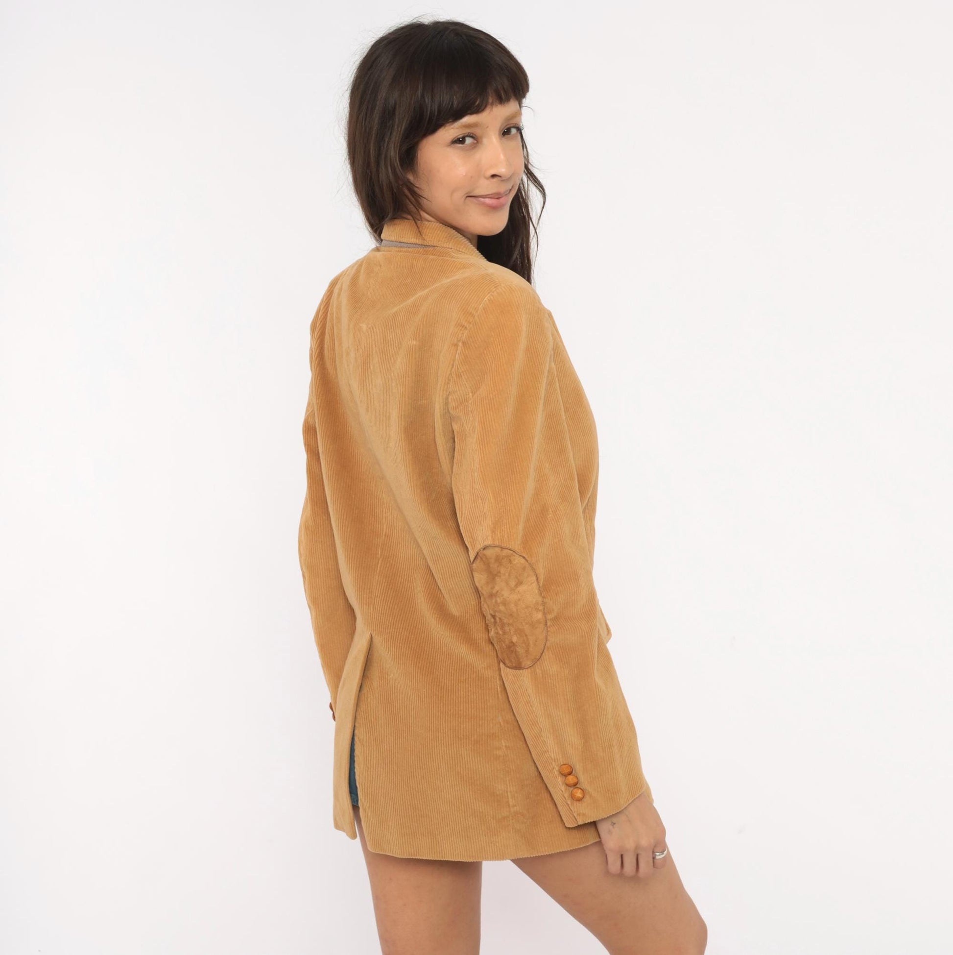 80s Richman Corduroy Blazer Tan Suede Elbow Patch Two Button Medium