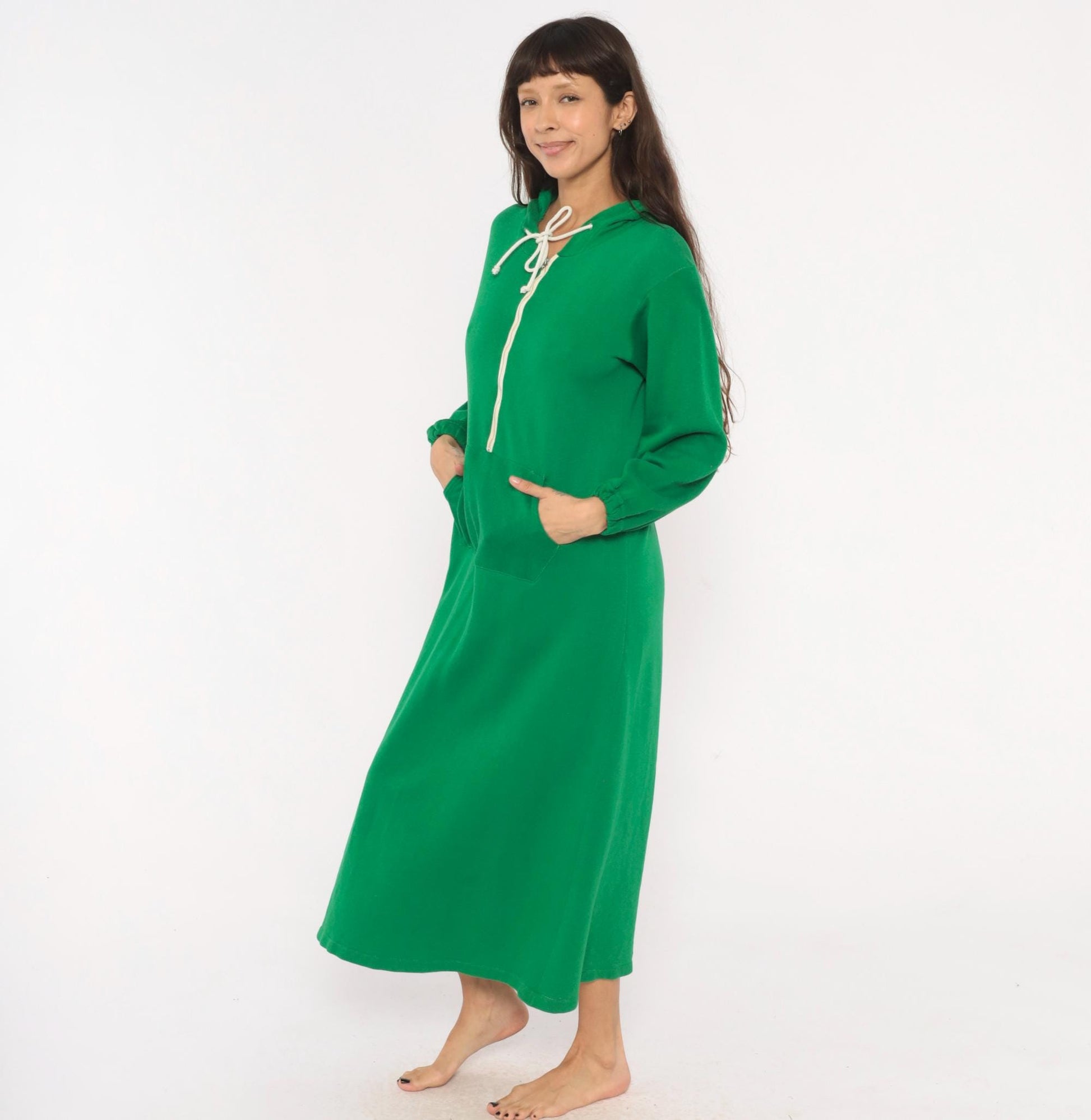 80s Sportwear Emerald Green Hooded Maxi Dress Half-Zip Balloon Sleeve Medium