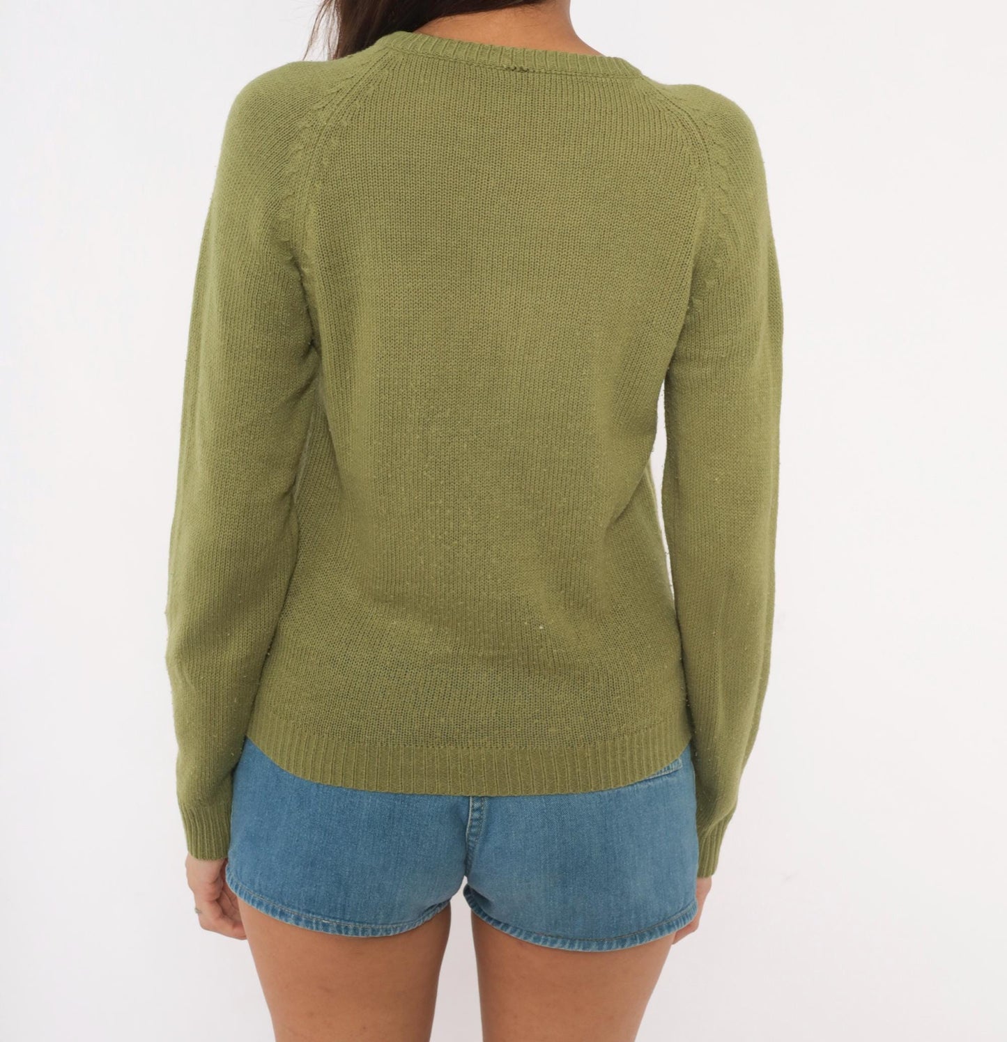 80s Olive Cable Knit Cardigan Crew Neck Button Front Raglan Sleeve Extra Small