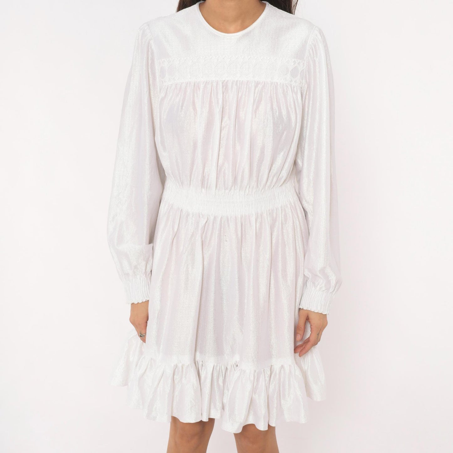 80s White Iridescent Babydoll Dress Puff Sleeve Lace Yoke Mini Medium Large