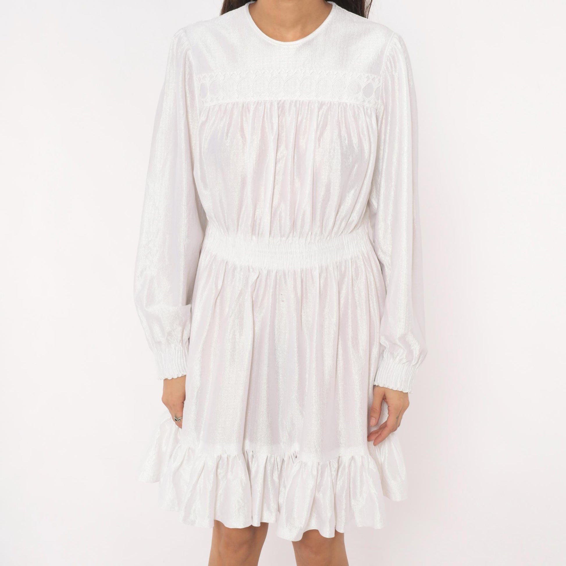 80s White Iridescent Babydoll Dress Puff Sleeve Lace Yoke Mini Medium Large